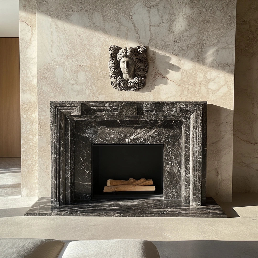 marble fireplace mantel with ornate sculpture