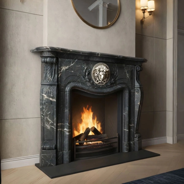 Ornate Marble Fireplace Mantel with Lion Emblem hover