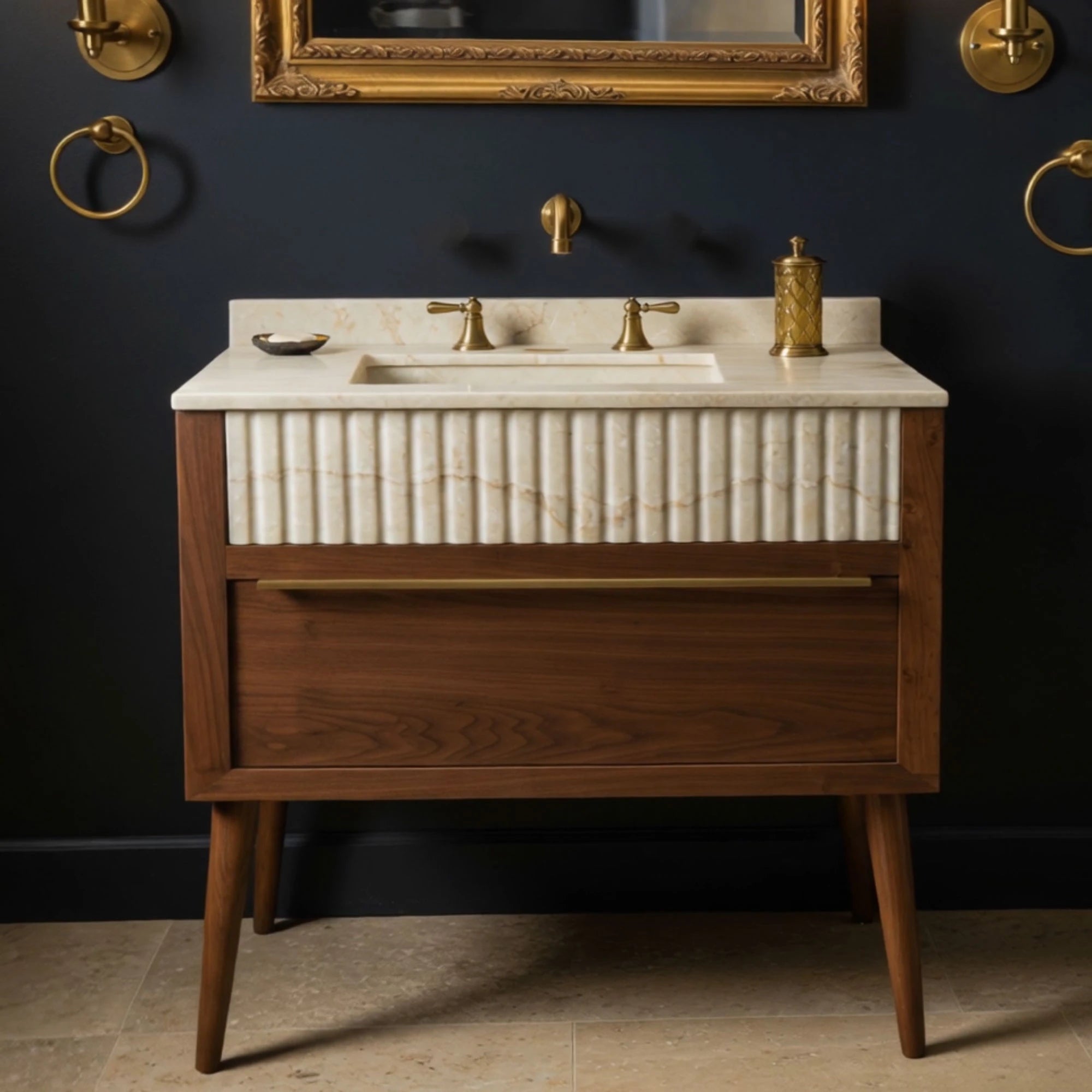 marble inset sink with fluted travertine front