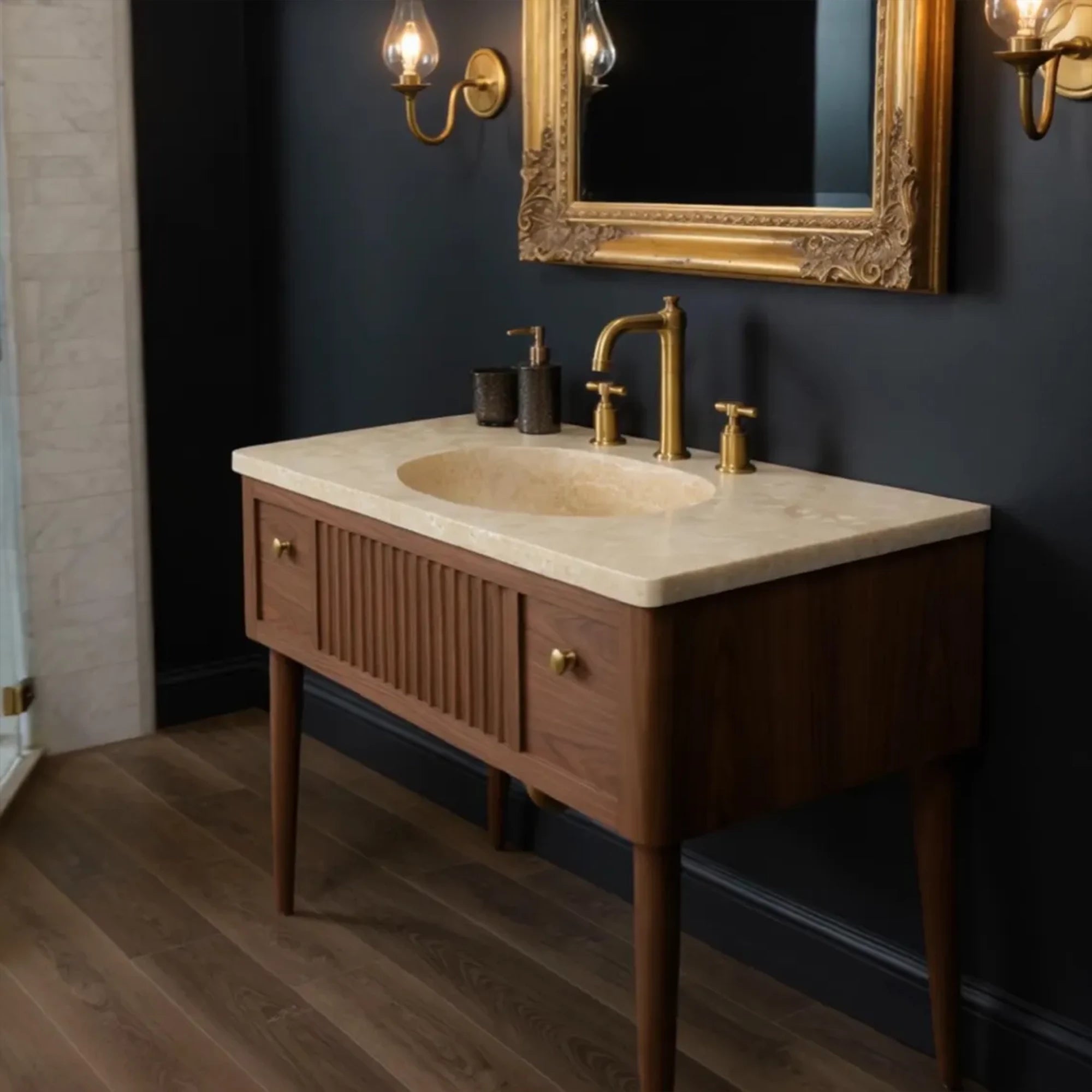 mid century bathroom console with walnut vanity and fluted marble sink