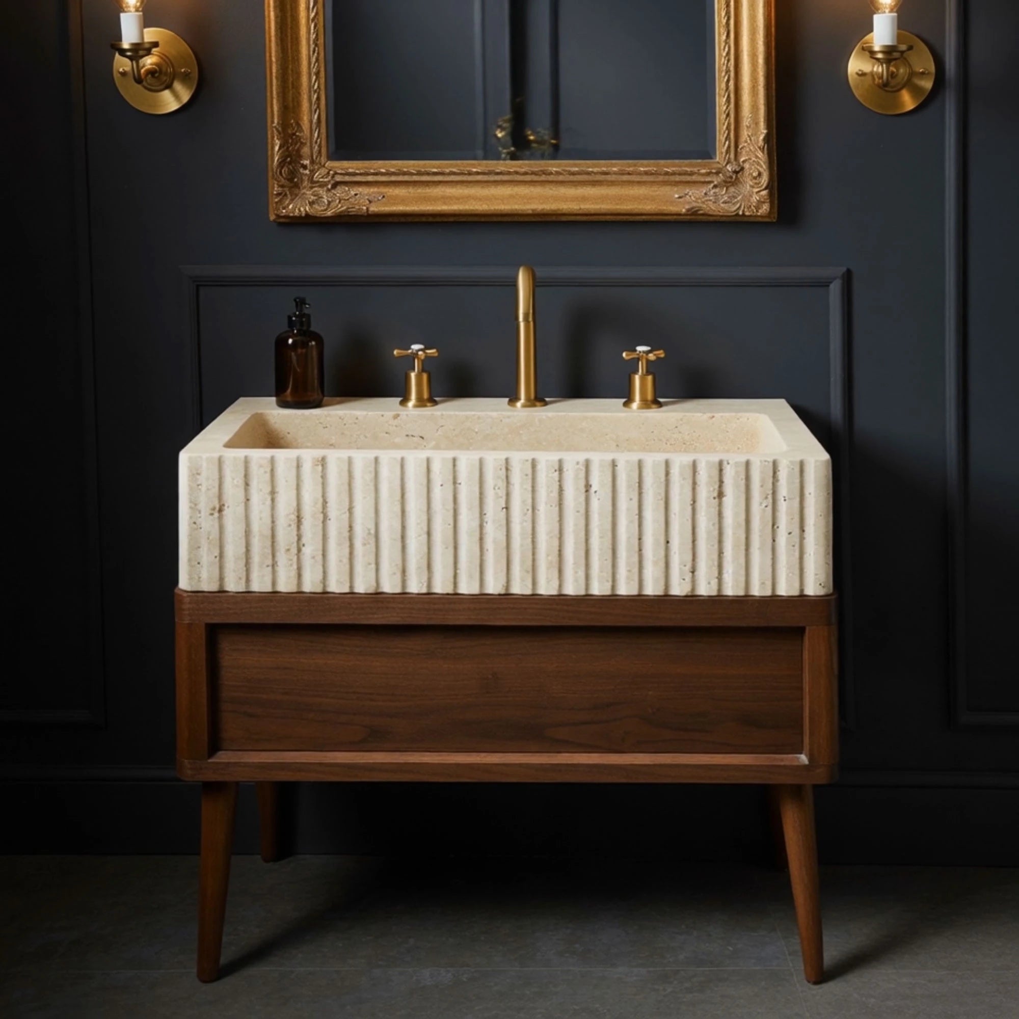 mid century bathroom sink fluted travertine design