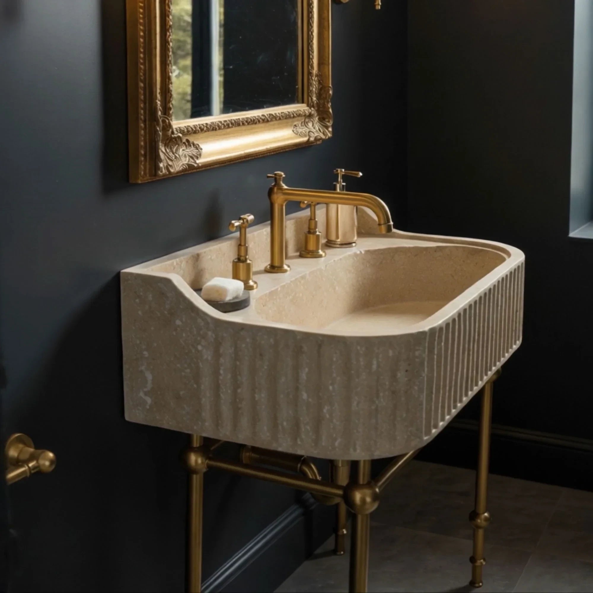 modern beige stone ribbed washbasin