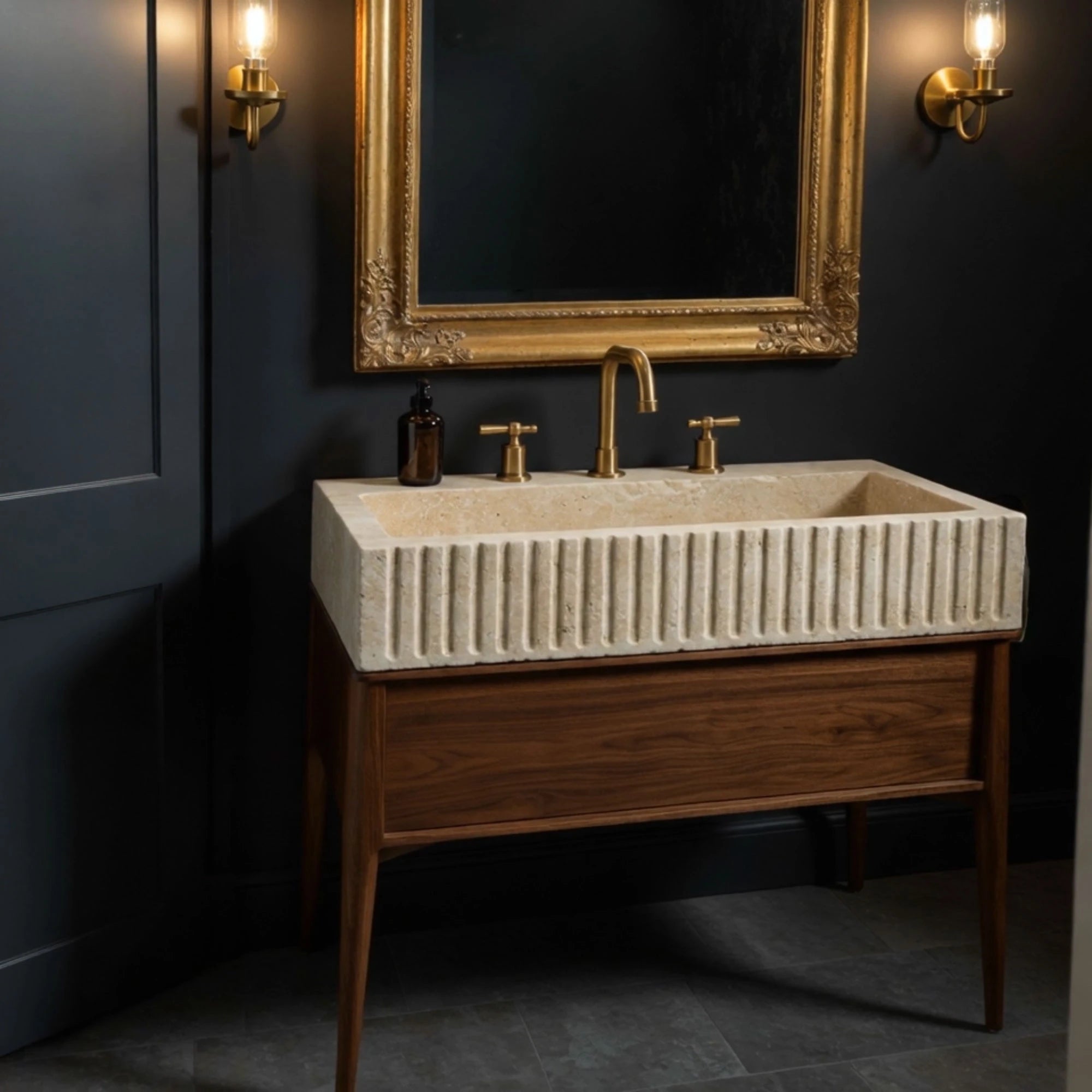 modern farmhouse sink fluted travertine vanity