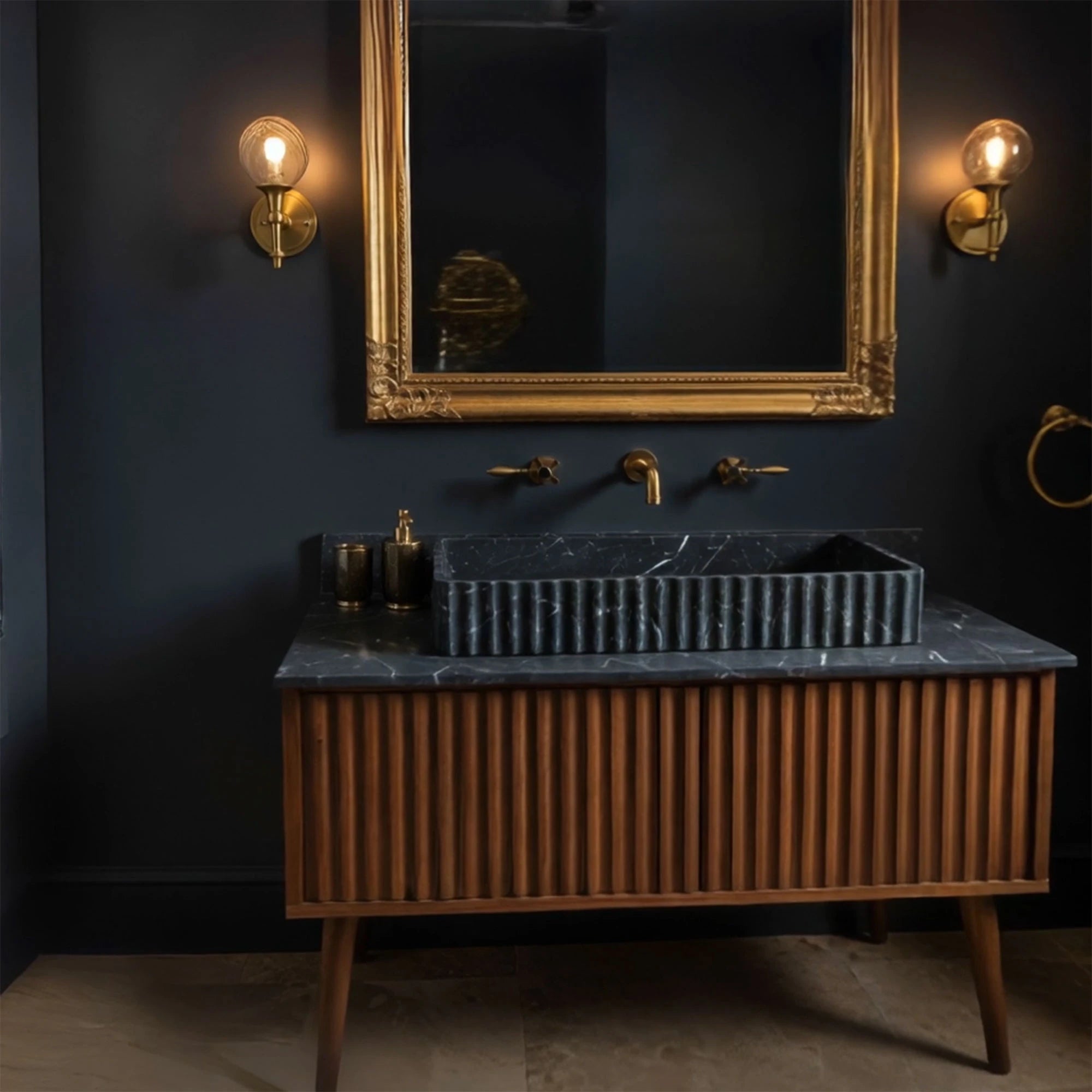 modern fluted black marble bathroom vanity