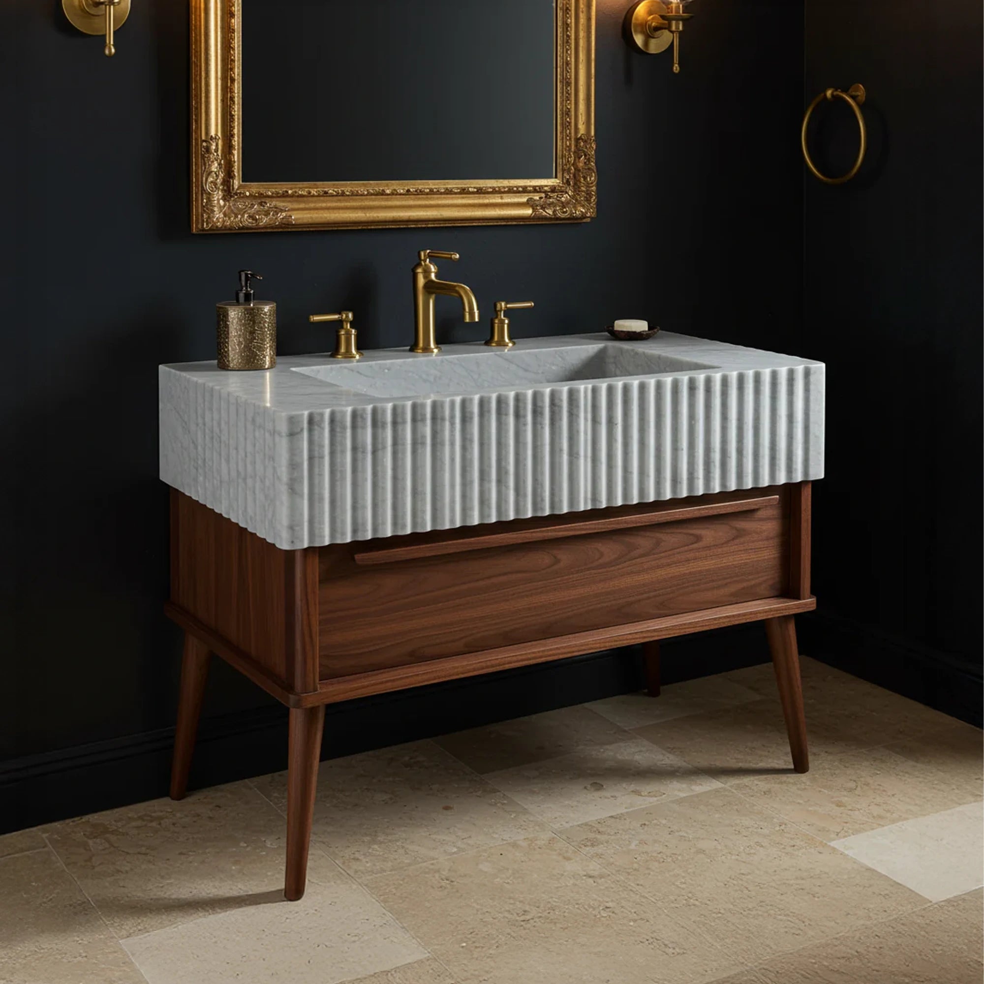 modern fluted marble sink with gray veining