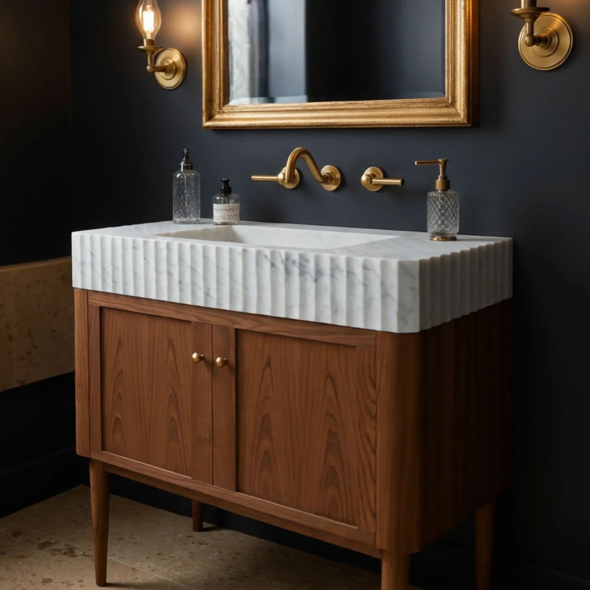 modern fluted marble vanity with walnut cabinet