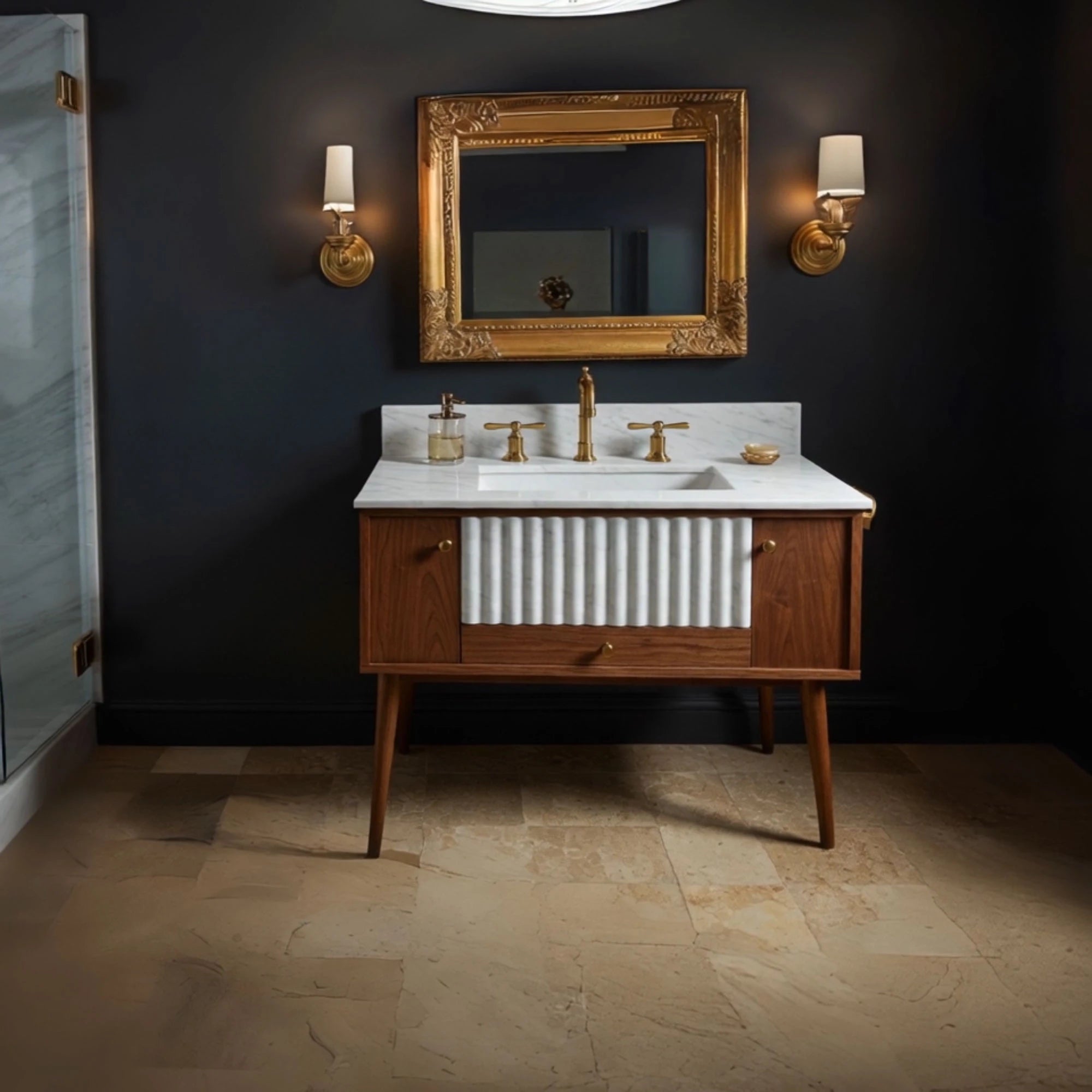 modern fluted travertine sink mixed materials
