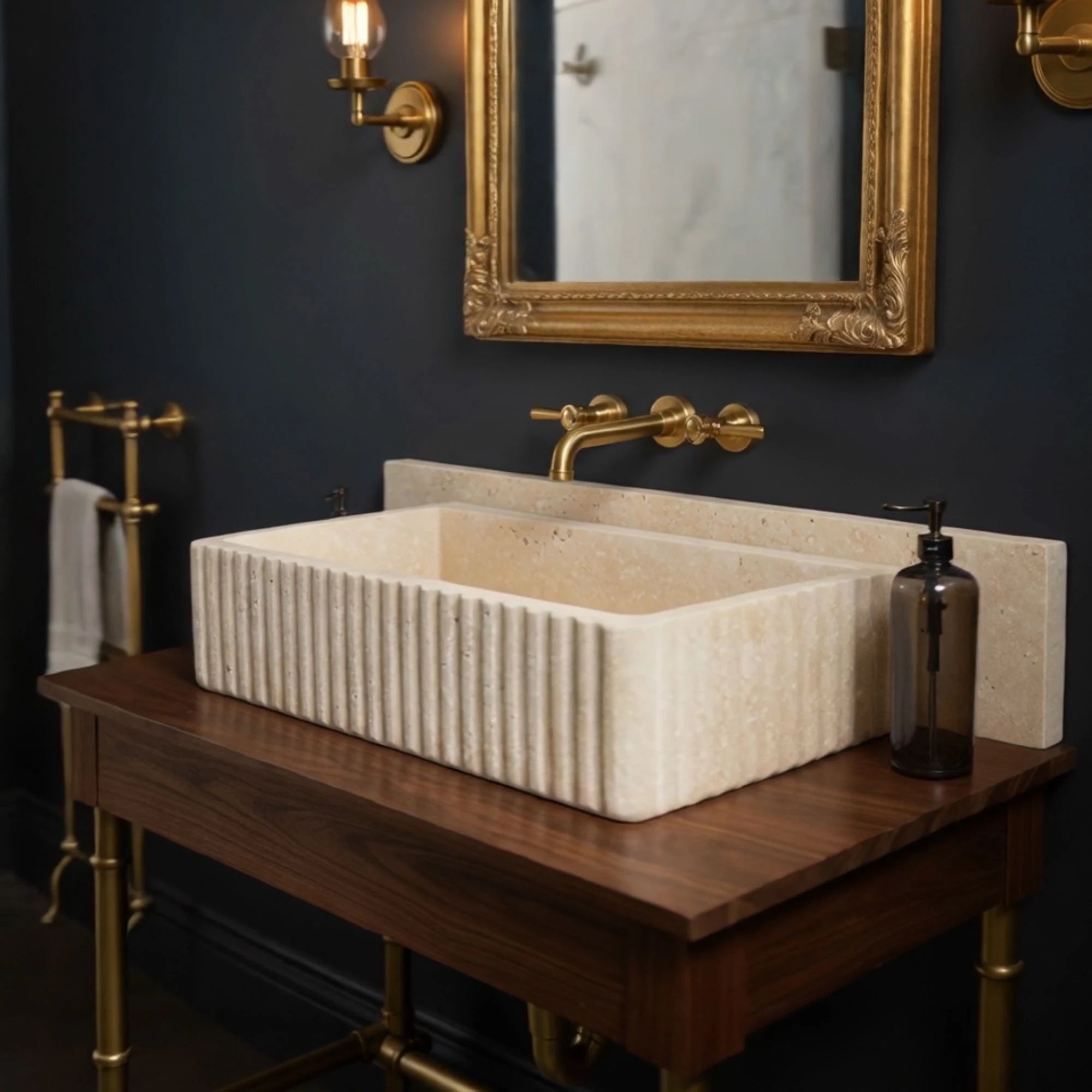 modern fluted travertine sink with straight edges