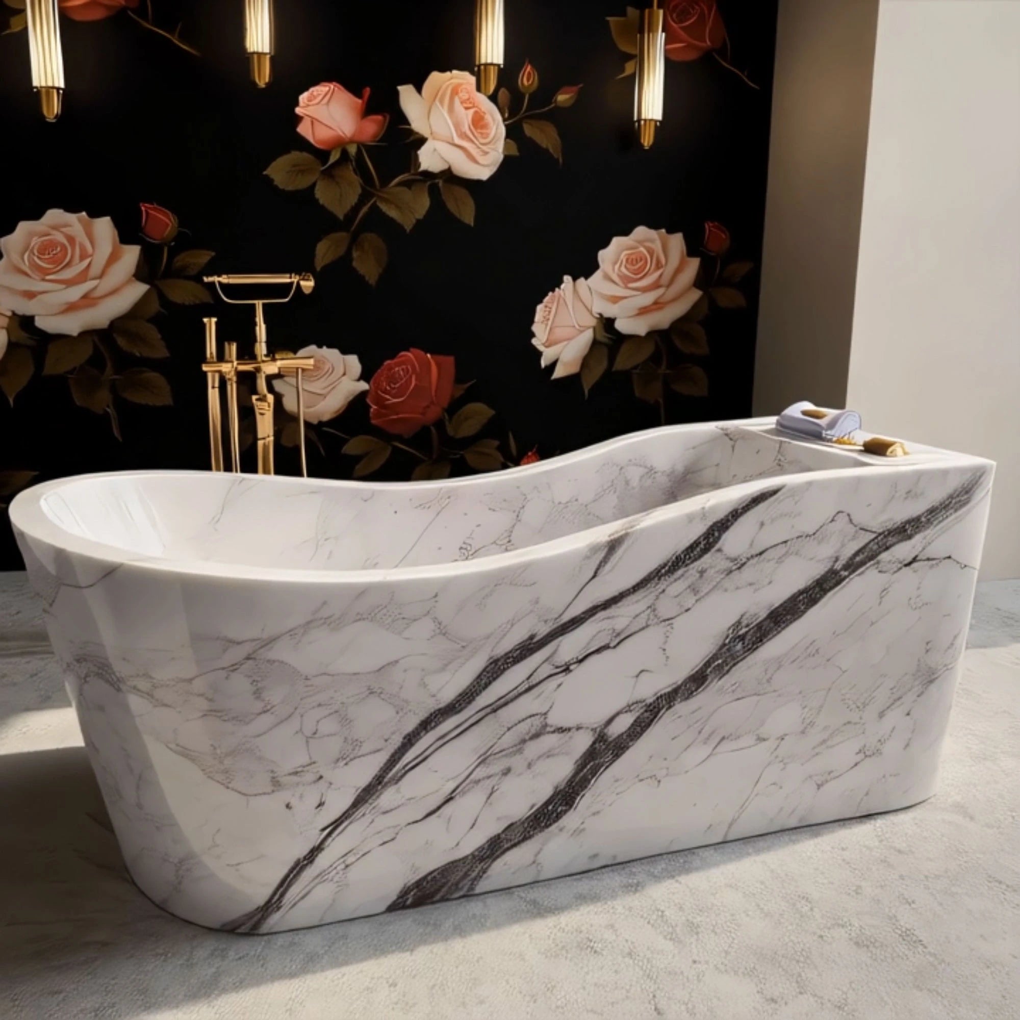 This image shows a modern marble bathtub with distinctive veining, combining natural stone beauty with sleek bathroom style.