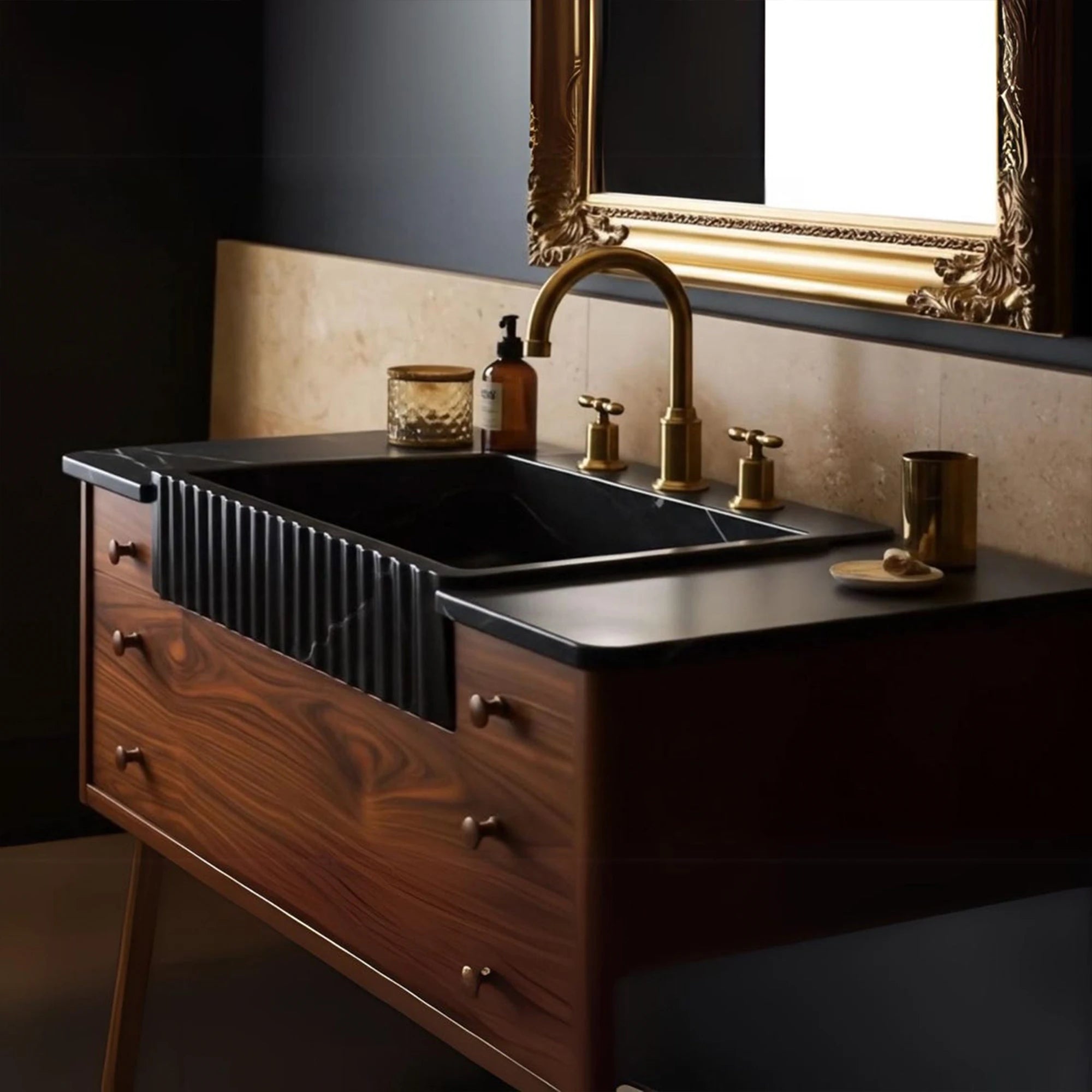 moderno nero stone sink and walnut wood vanity