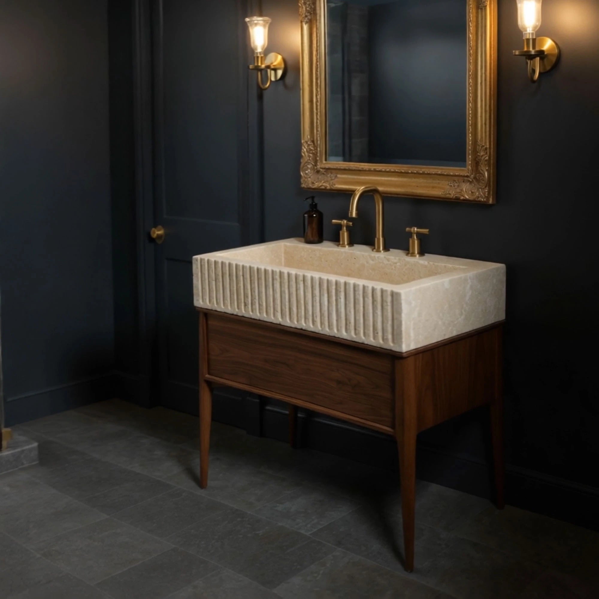 natural stone fluted travertine sink farmhouse style
