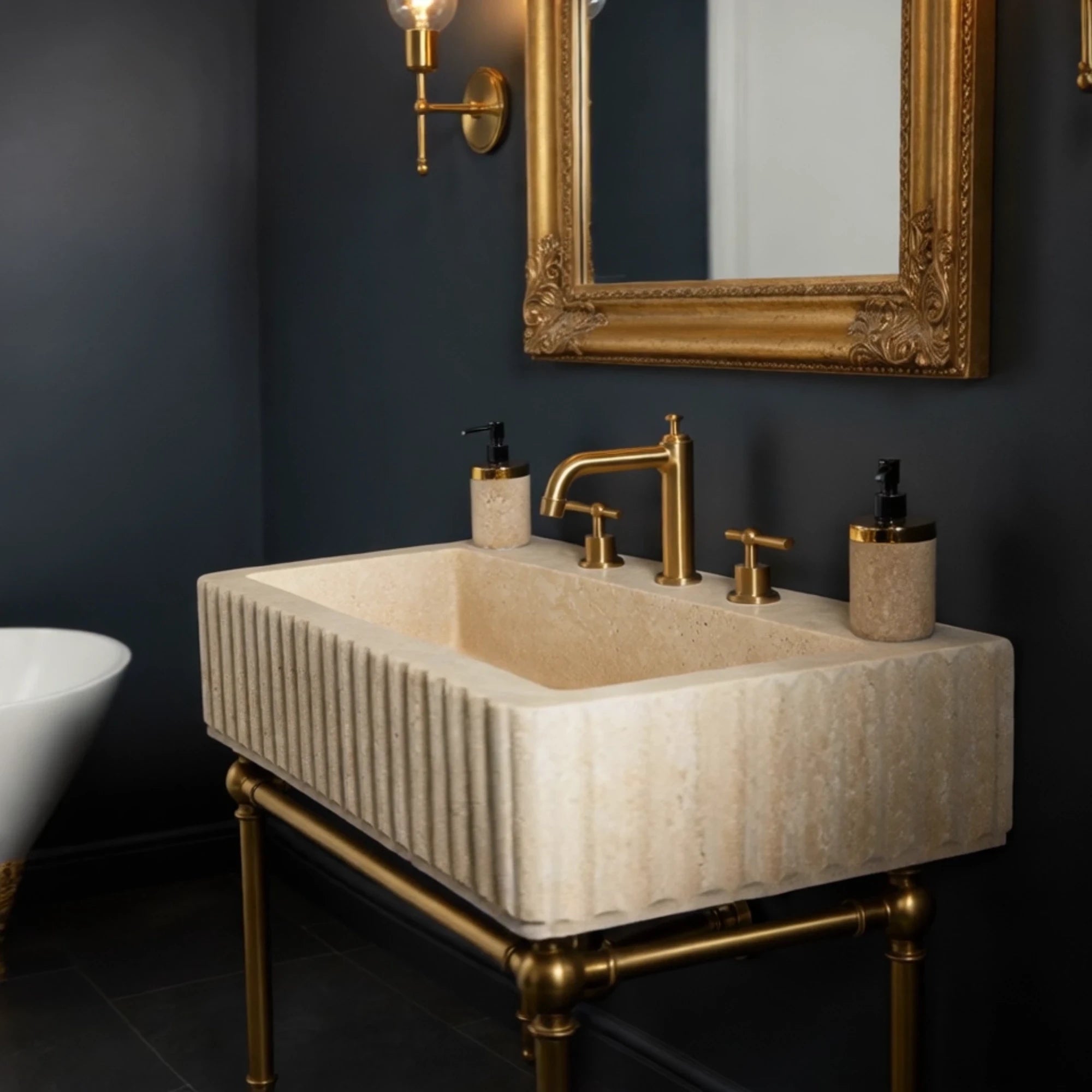 natural stone trough sink with grooved travertine
