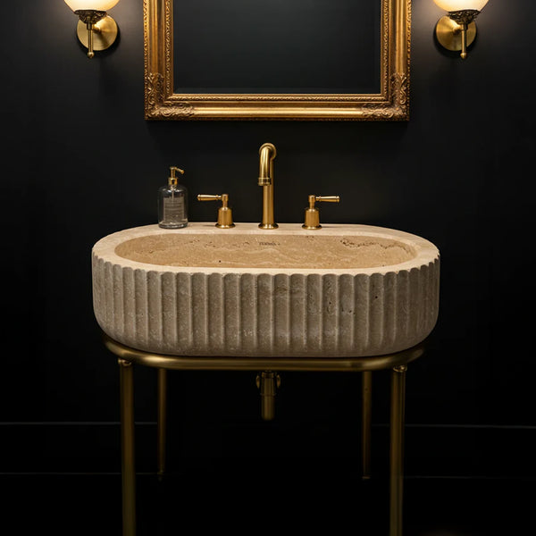 Shallow Oval Fluted Travertine Sink hover