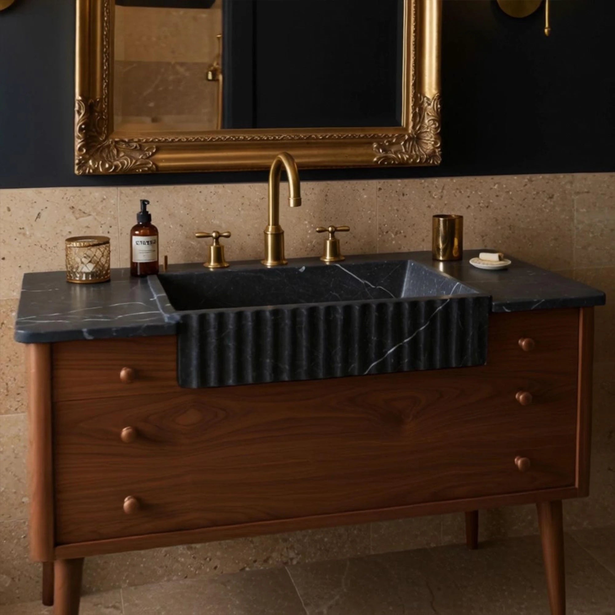 nero marble bathroom sink with walnut cabinet