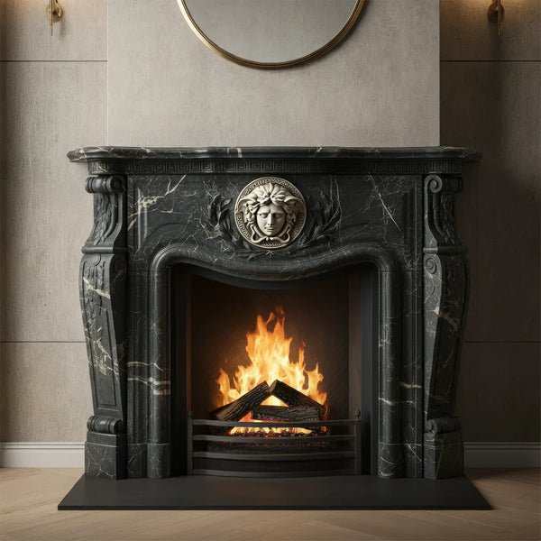 Ornate Marble Fireplace Mantel with Lion Emblem
