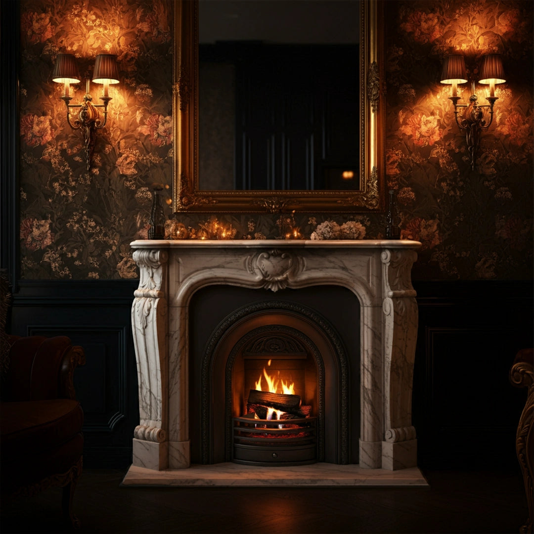 ornate marble fireplace mantel