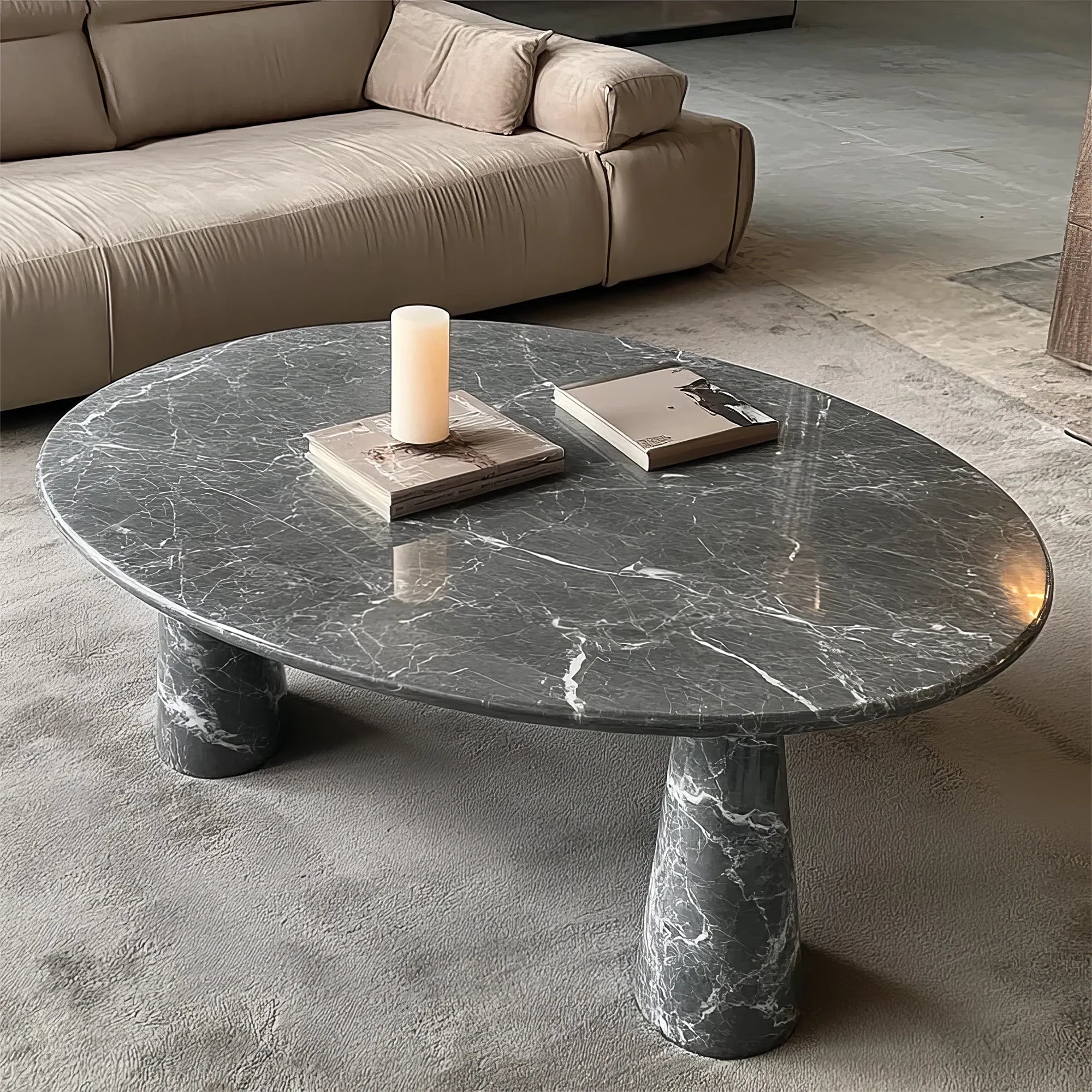 oval marble coffee table with cylinder legs