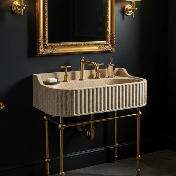 Curved Edge Fluted Travertine Sink hover