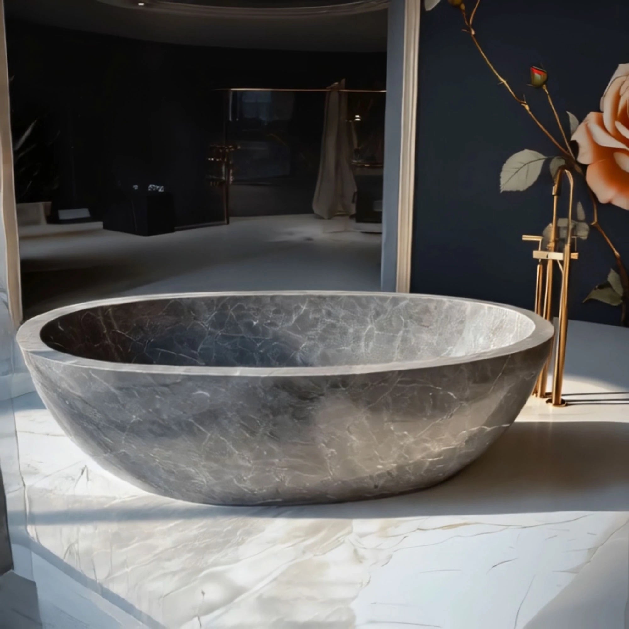 This image presents a polished gray marble bathtub with subtle veining, combining timeless stone beauty with minimalist bathroom style.
