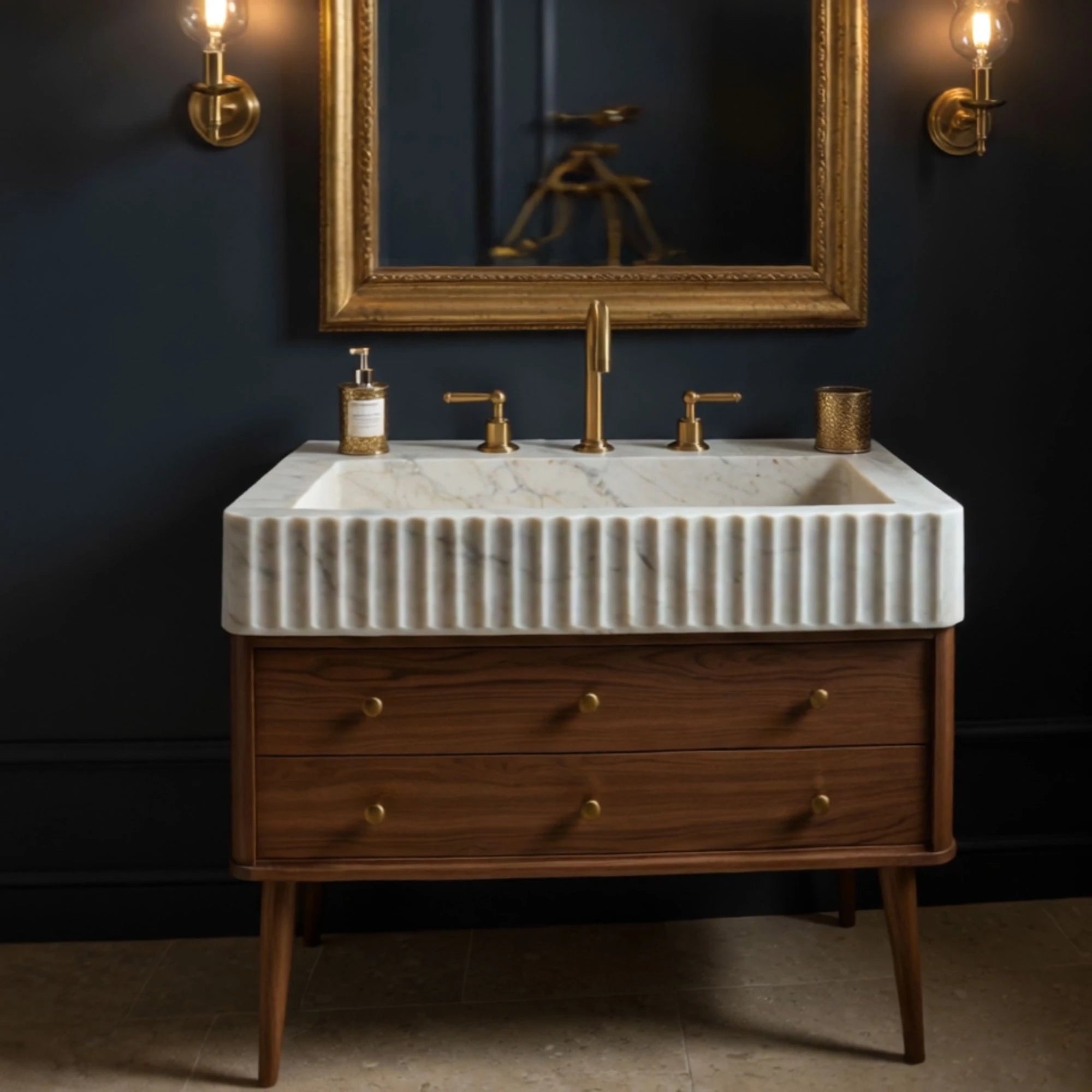 polished white marble sink with fluted detailing