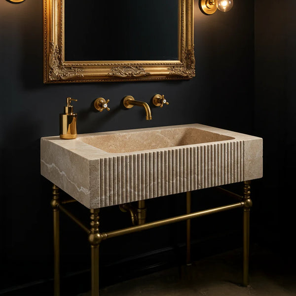 Deep Rectangular Fluted Travertine Sink hover