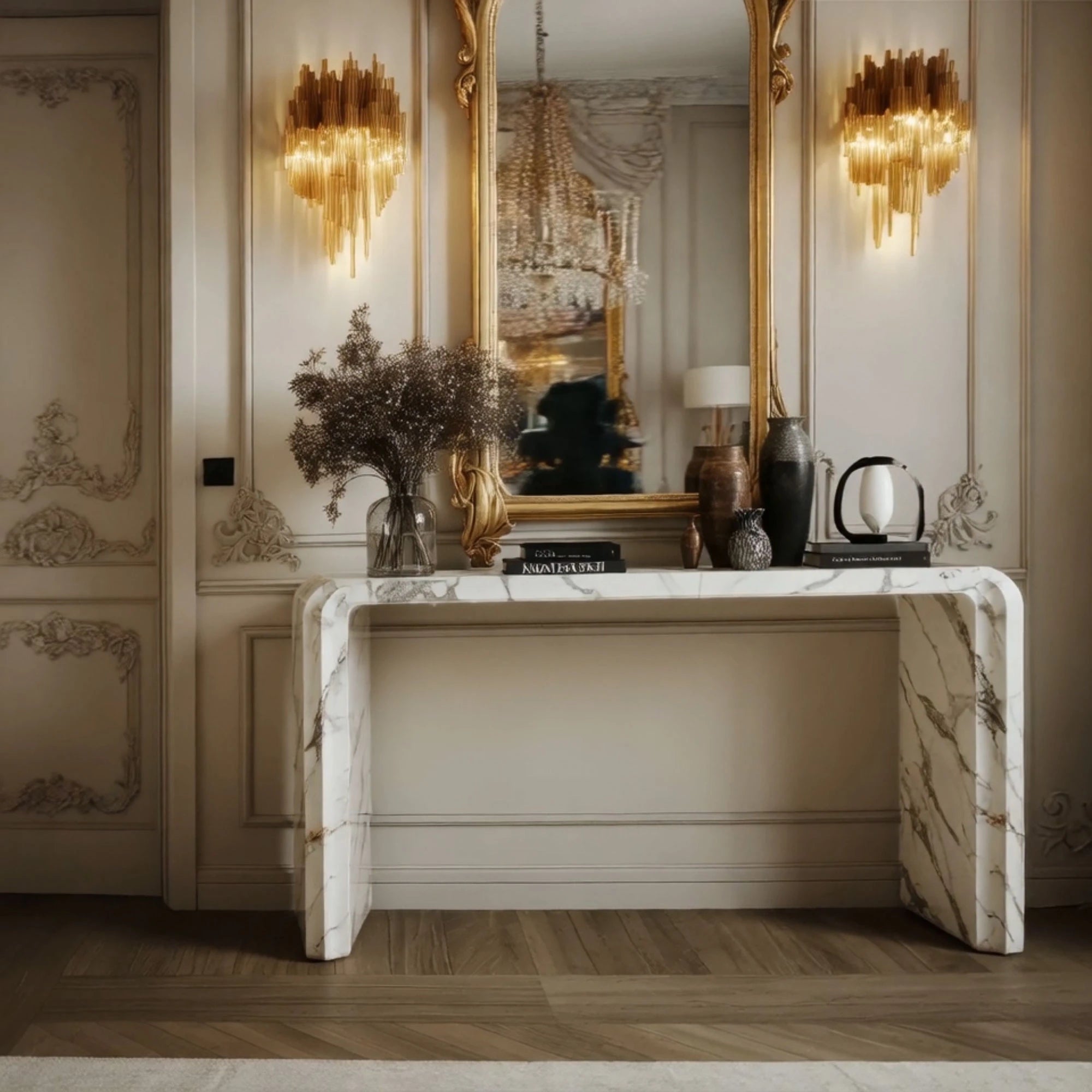 refined stone hallway console table