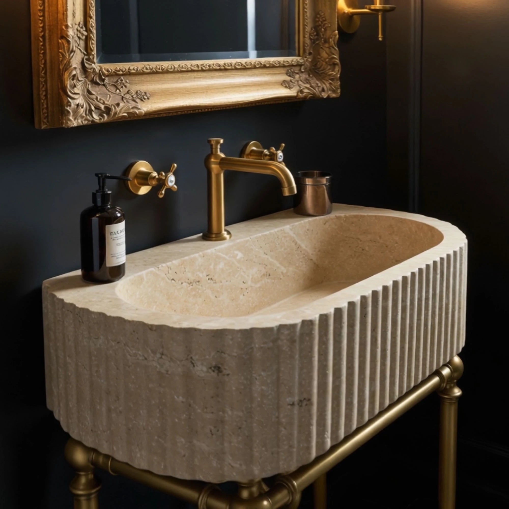 ribbed travertine sink oval shape bathroom design