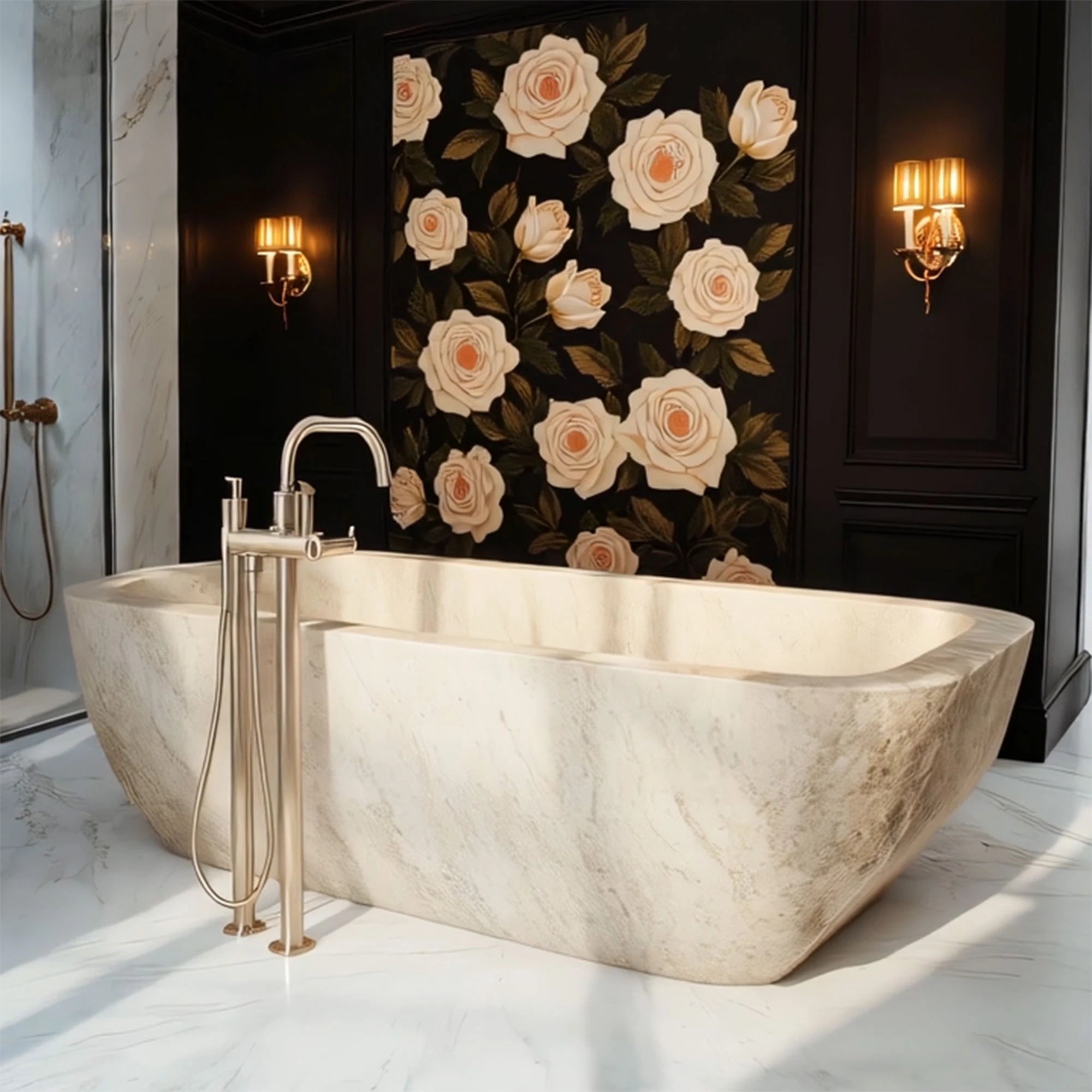 This image presents a rough-hewn stone bathtub made of marble, combining rustic design with authentic handcrafted beauty.