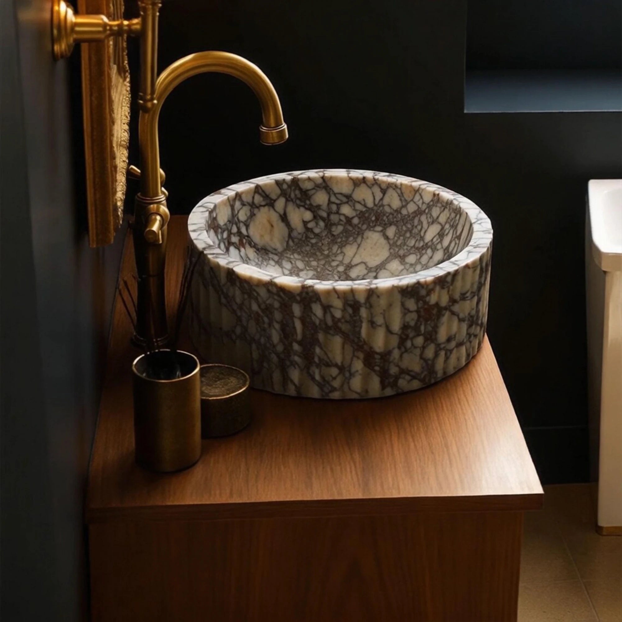 round fluted calacatta viola marble sink statement basin