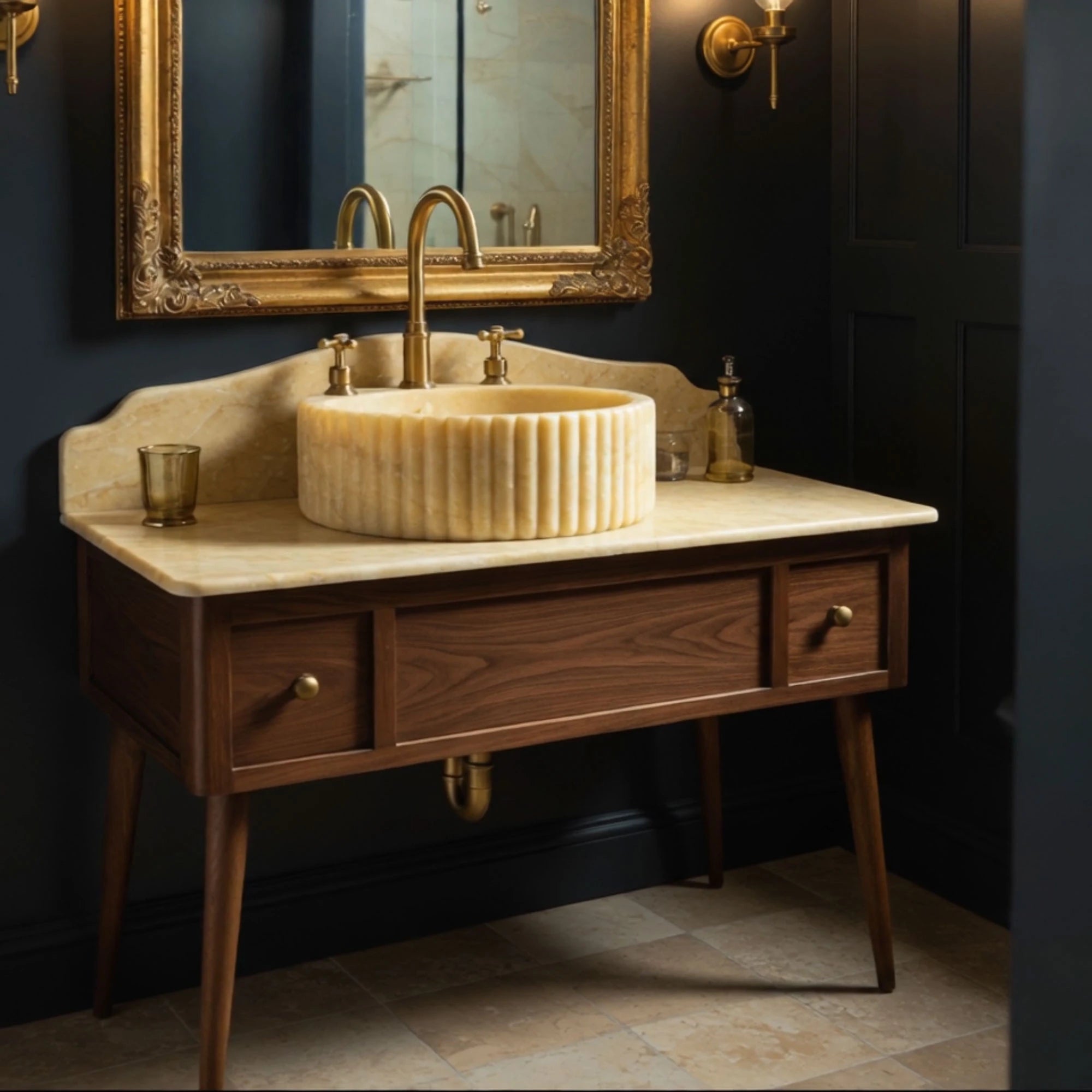 round yellow travertine sink natural stone basin