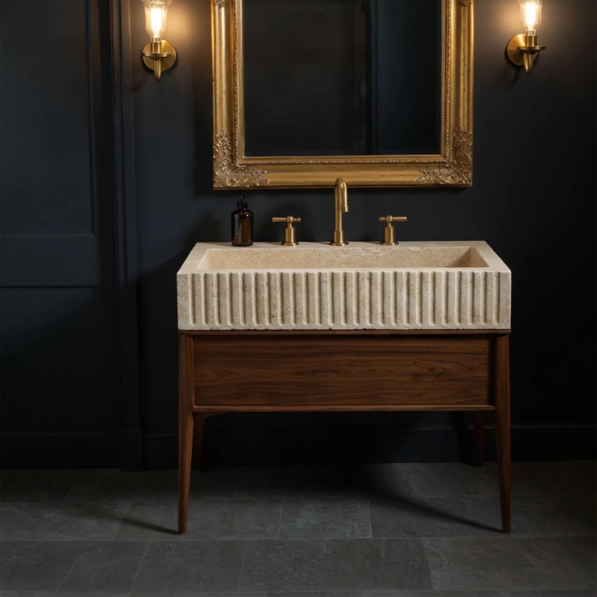 rustic bathroom sink fluted travertine modern farmhouse