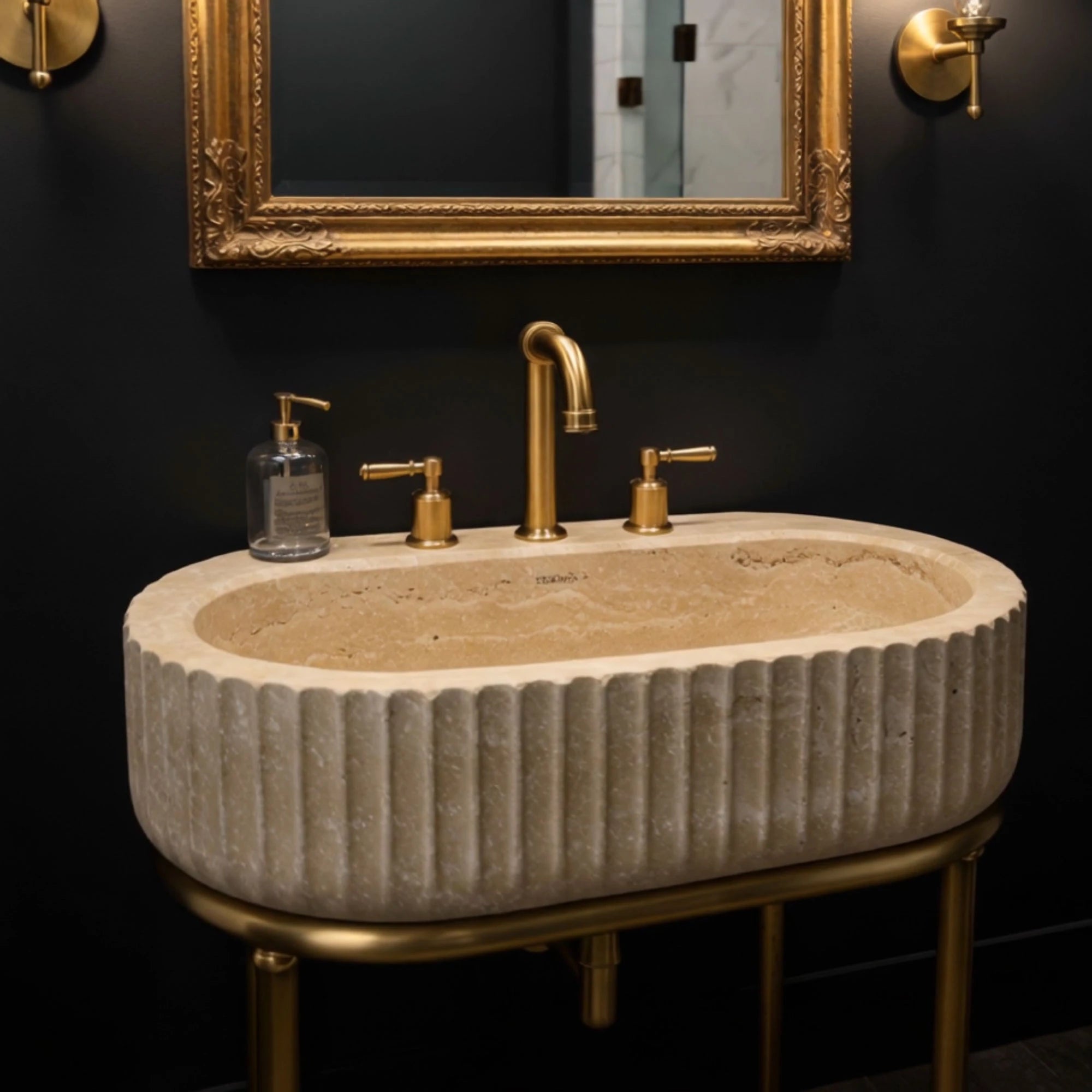 shallow oval fluted travertine marble  sink