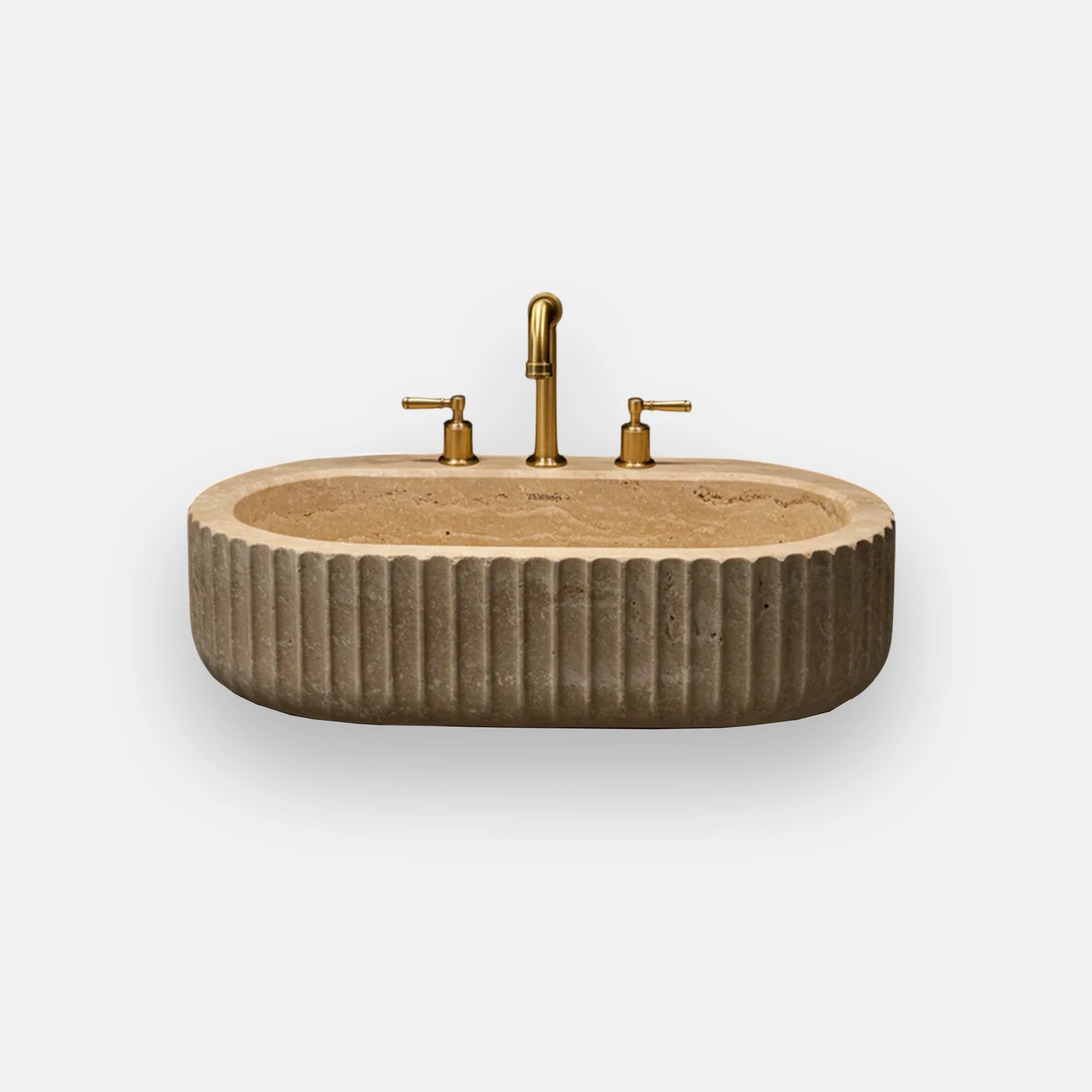 shallow oval fluted travertine vessel sink