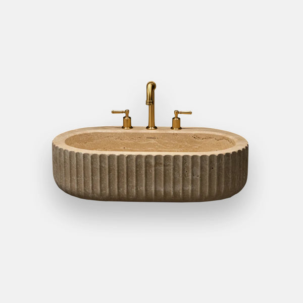 Shallow Oval Fluted Travertine Sink