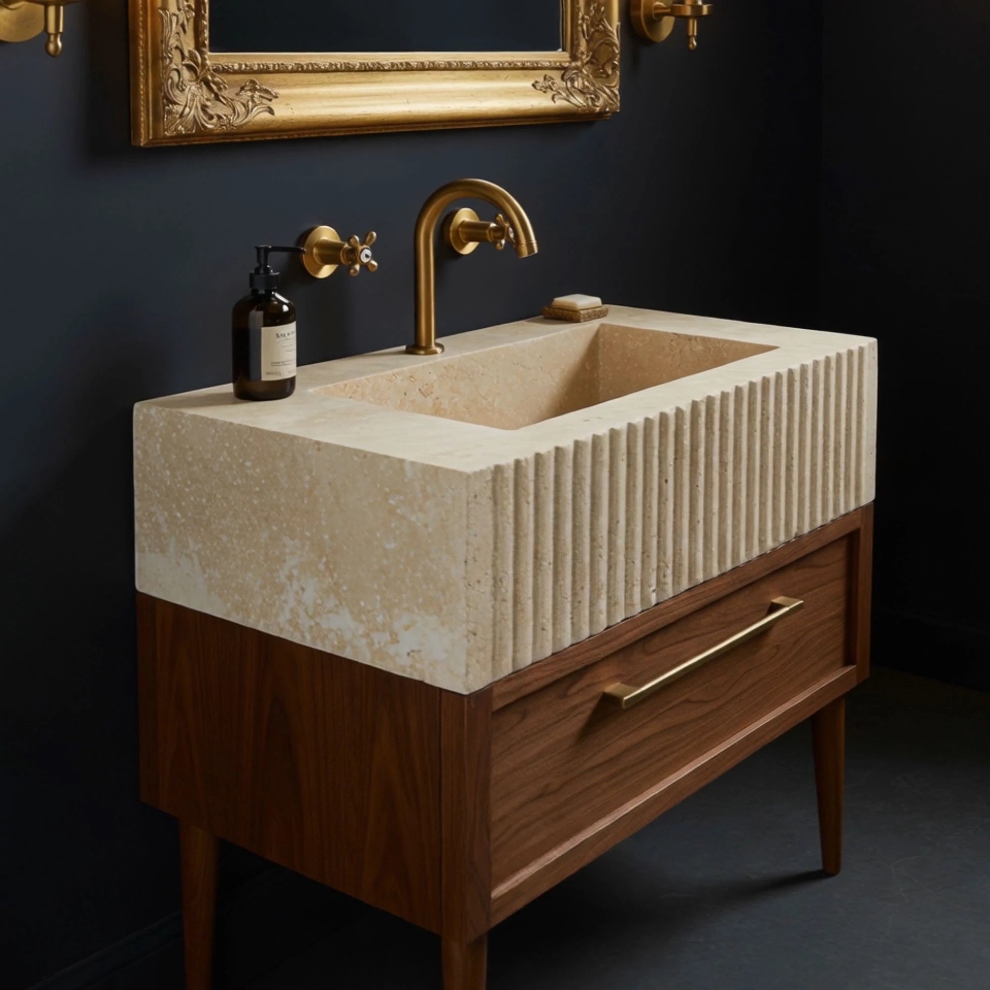 single drawer vanity with fluted travertine sink