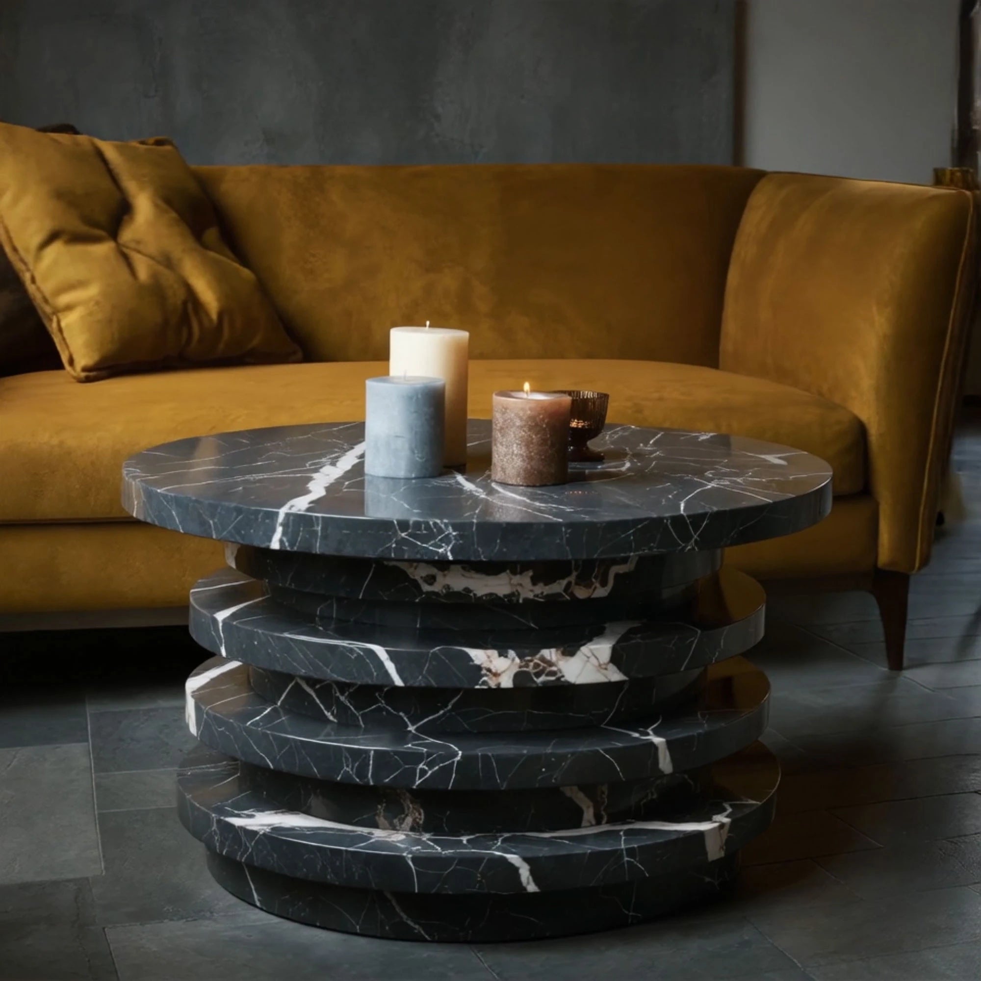 sleek console table with dark stone