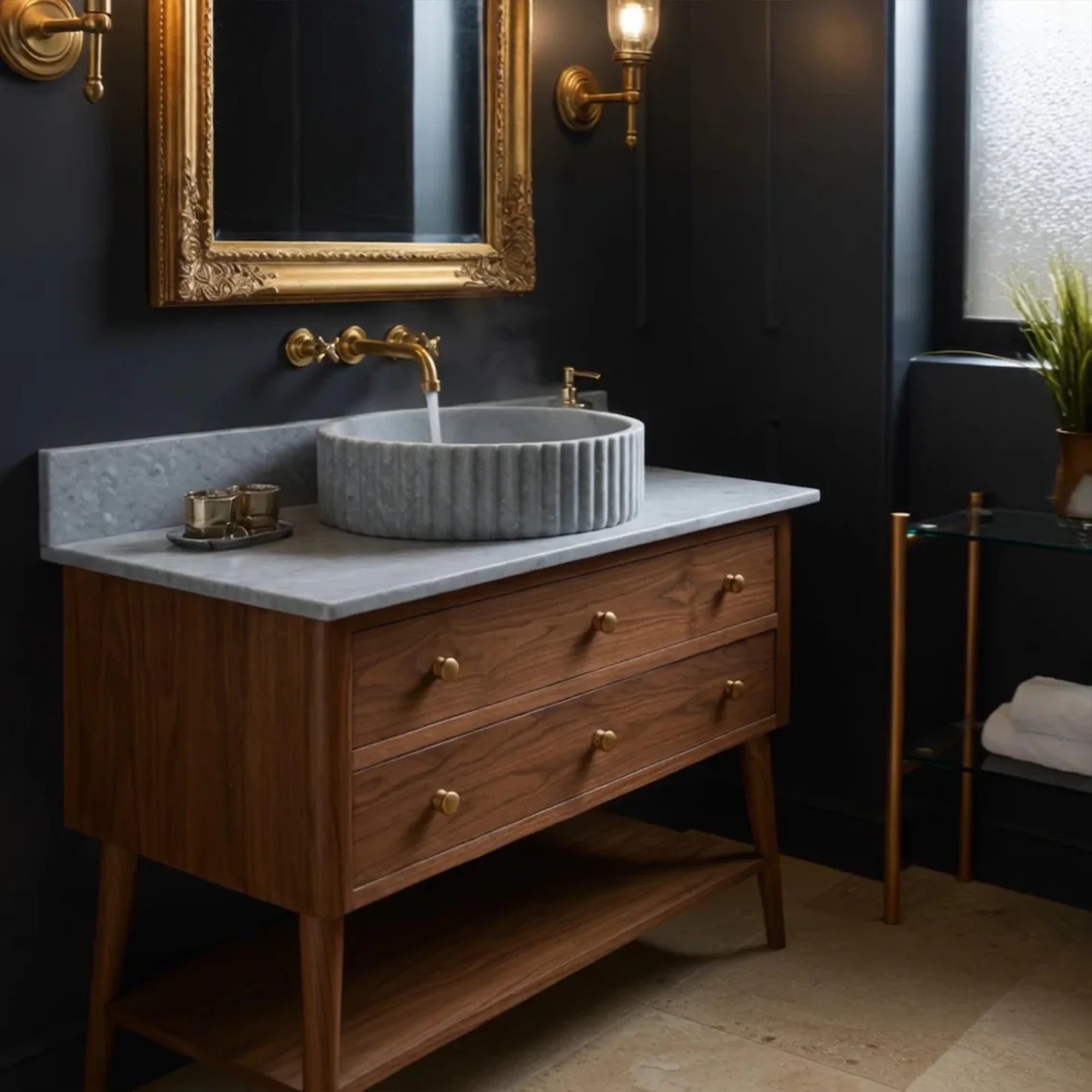 solid wood vanity with fluted marble sink and brass fixtures