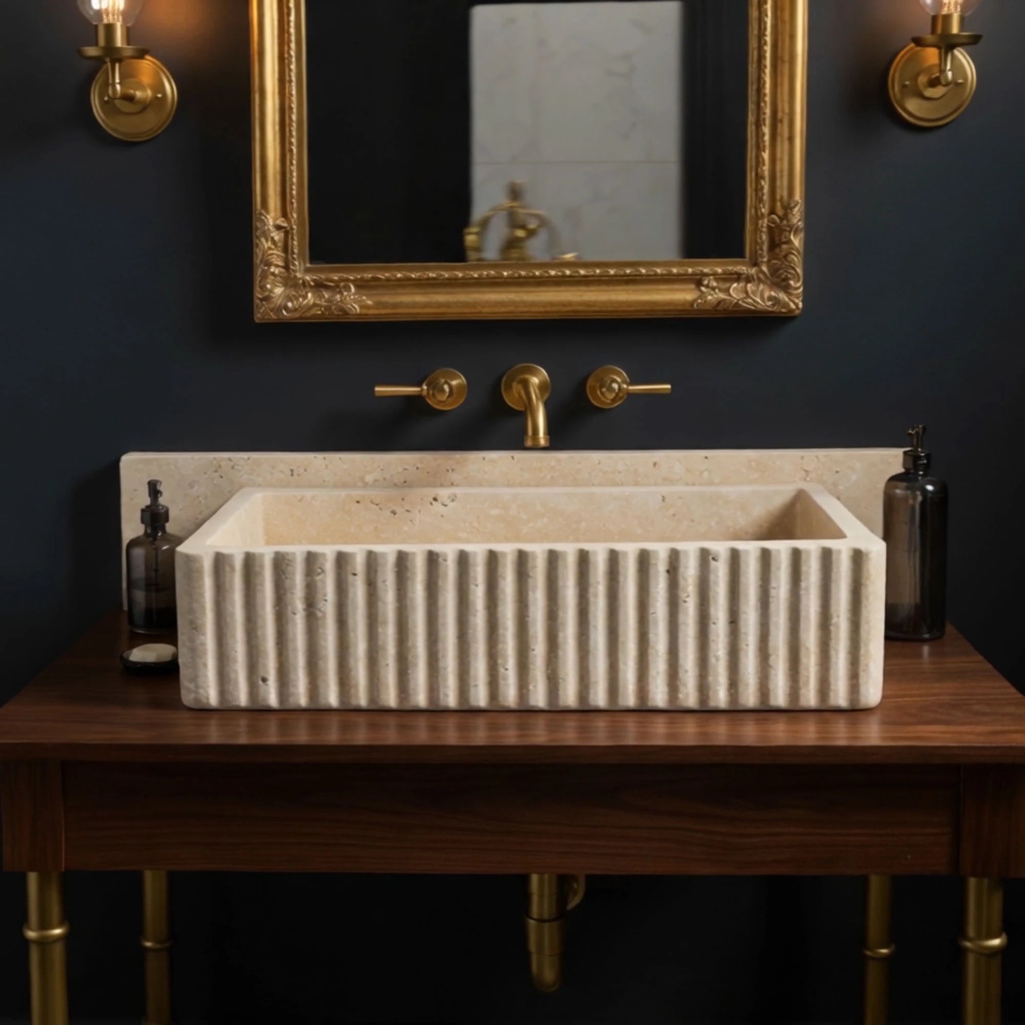 straight edge bathroom sink fluted travertine design
