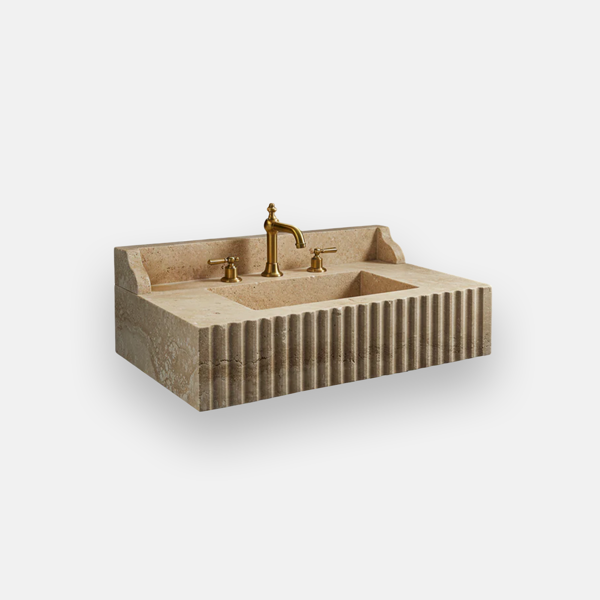 textured travertine fluted sink with backsplash
