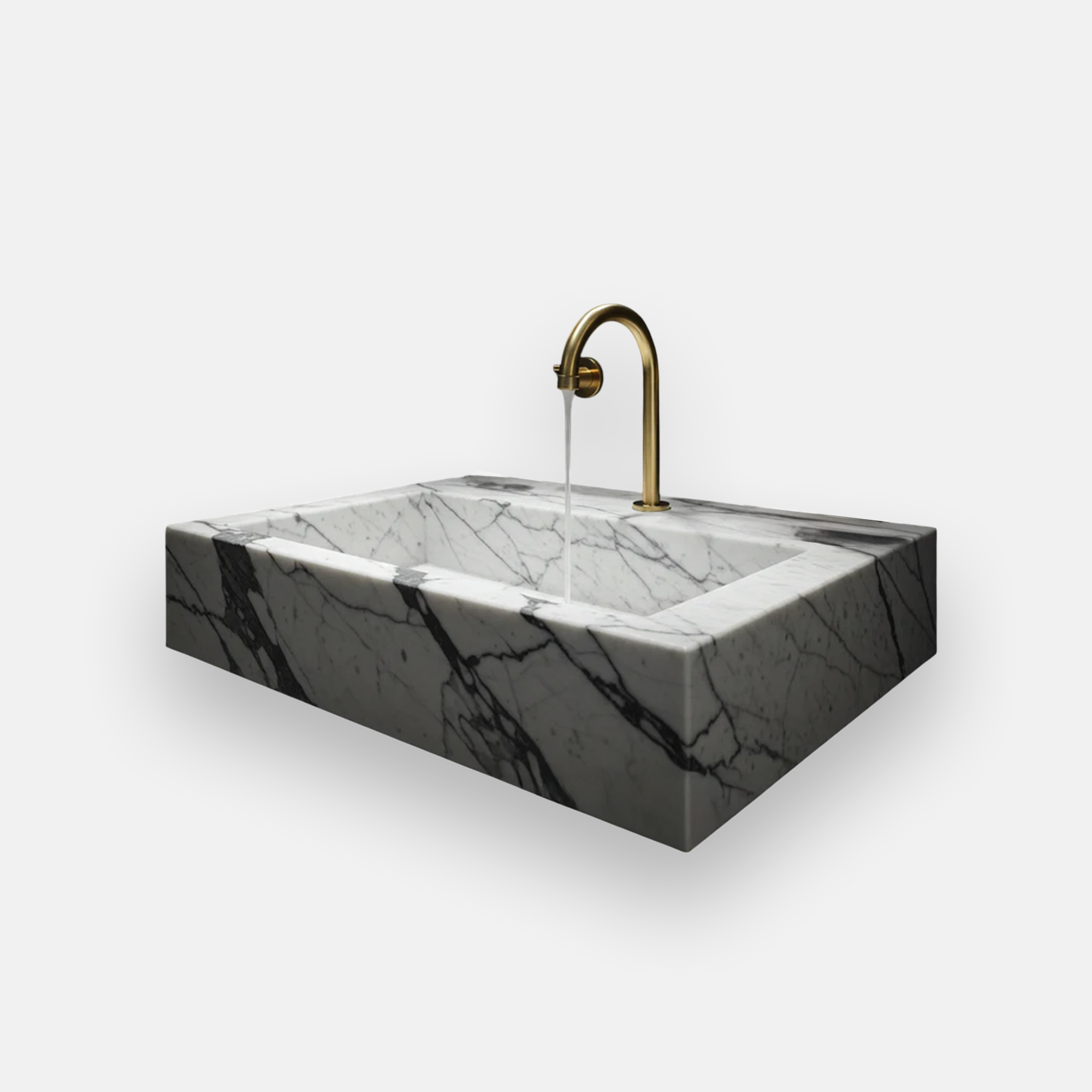 veined white marble rectangular sink with brass tap