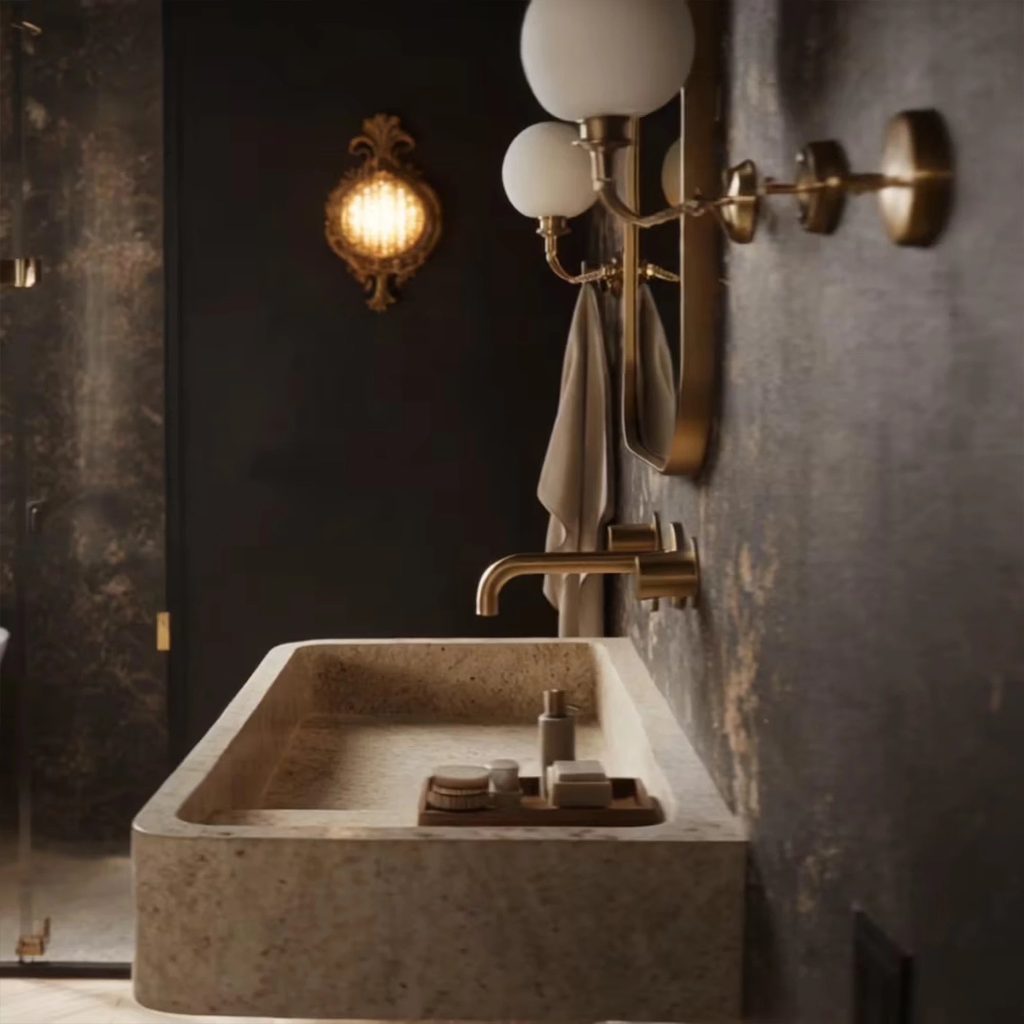 wall mounted champagne beige travertine marble sink