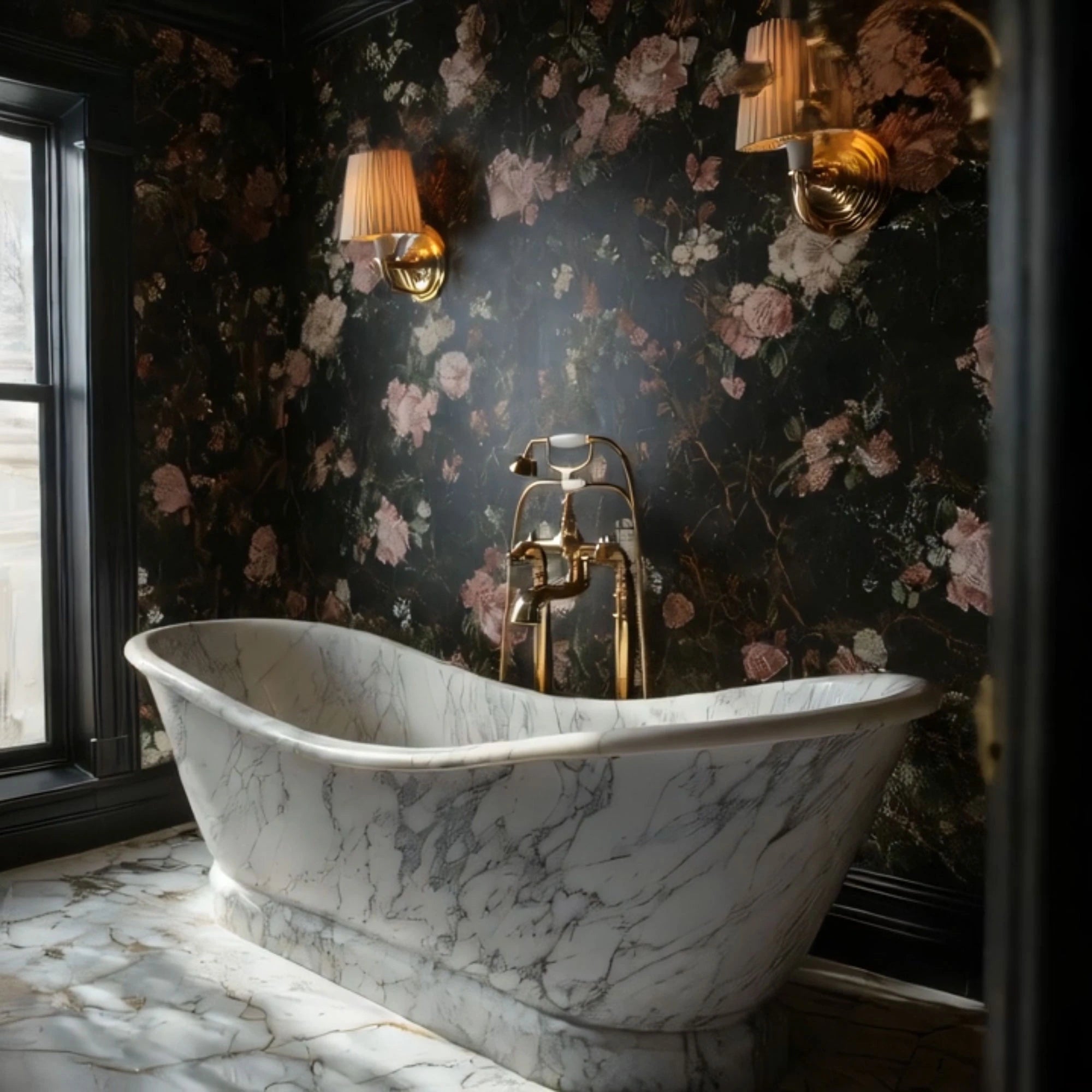 This image presents a white and gray Noir marble bathtub with classic veining, designed to elevate sophisticated bathroom spaces.