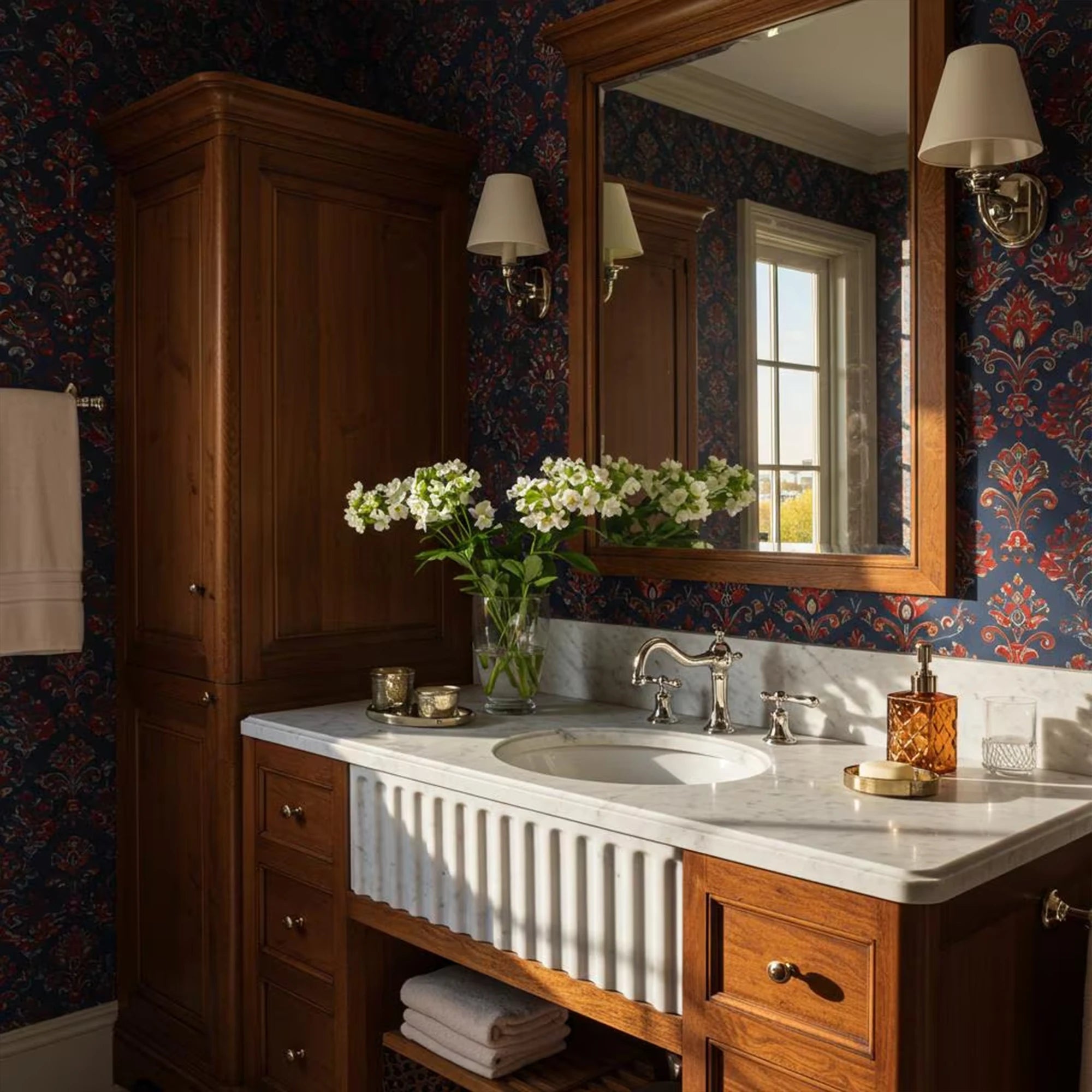 white fluted carrara marble bathroom sink