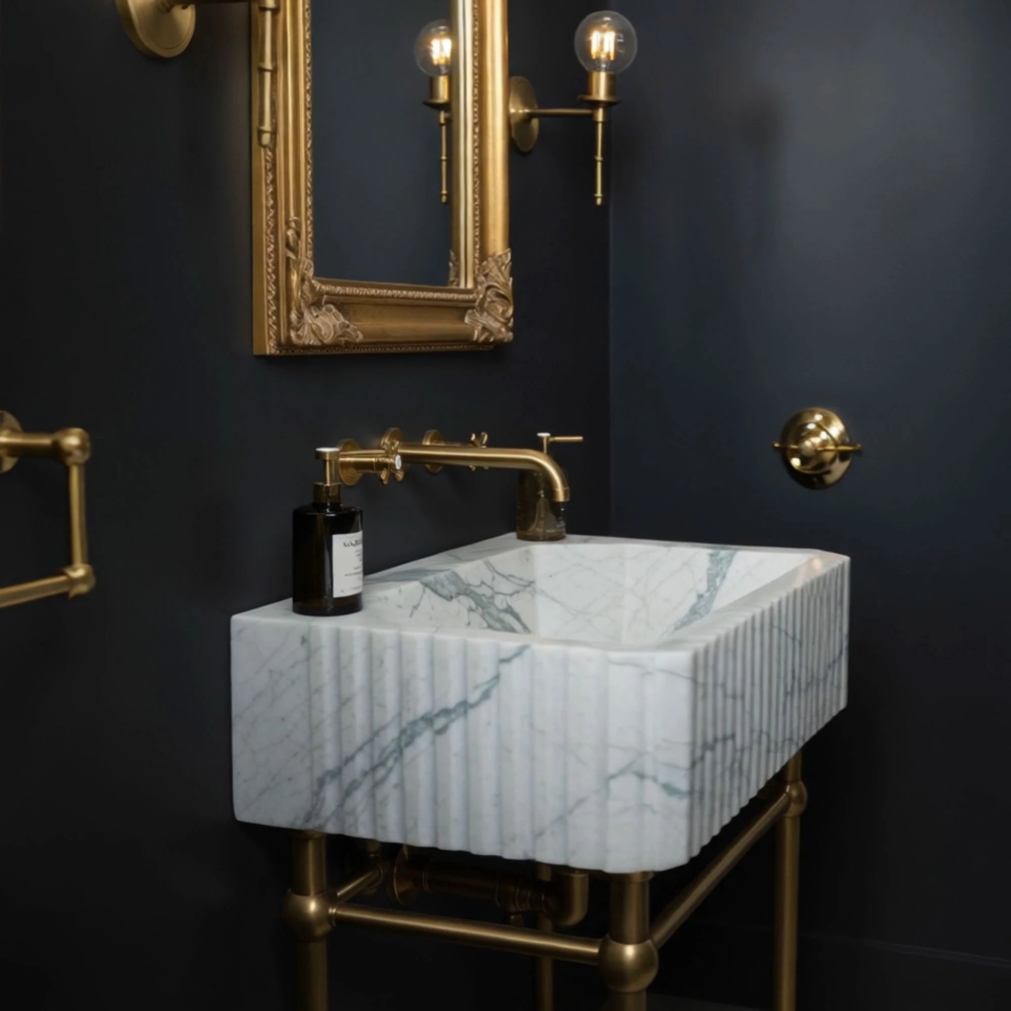 white grooved marble washbasin