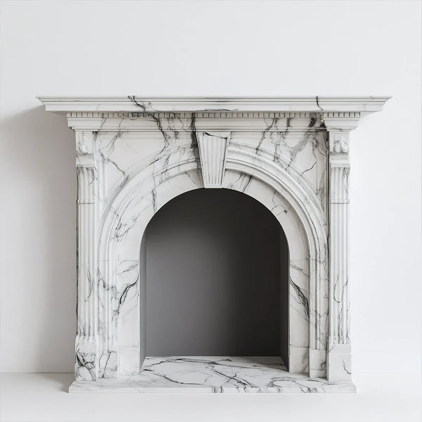 White Marble Arch Fireplace Mantel with Fluted Columns