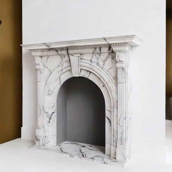 White Marble Arch Fireplace Mantel with Fluted Columns hover