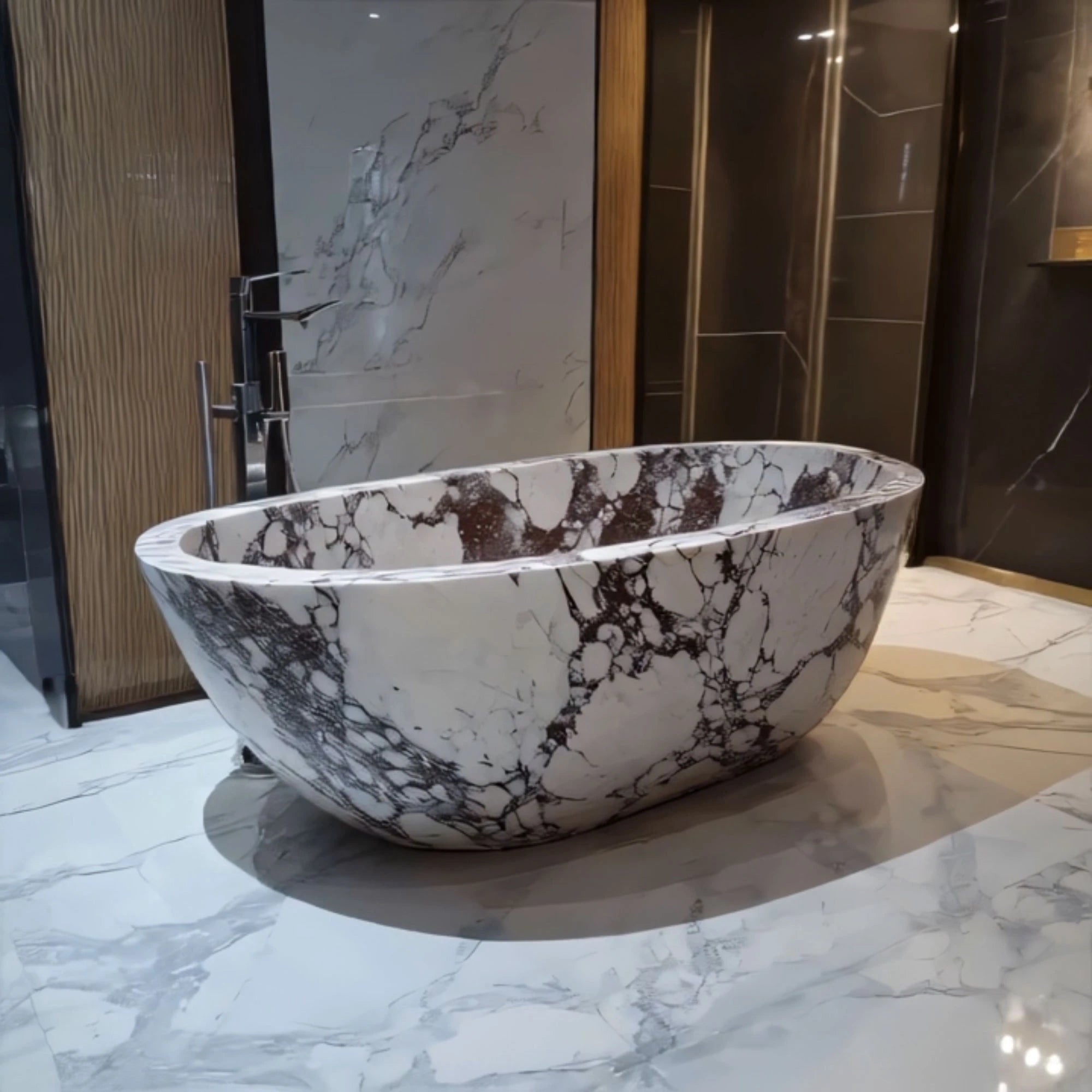 This image presents a white marble bathtub accented with bold burgundy veins, offering a unique and artistic focal point for spa-like bathrooms.