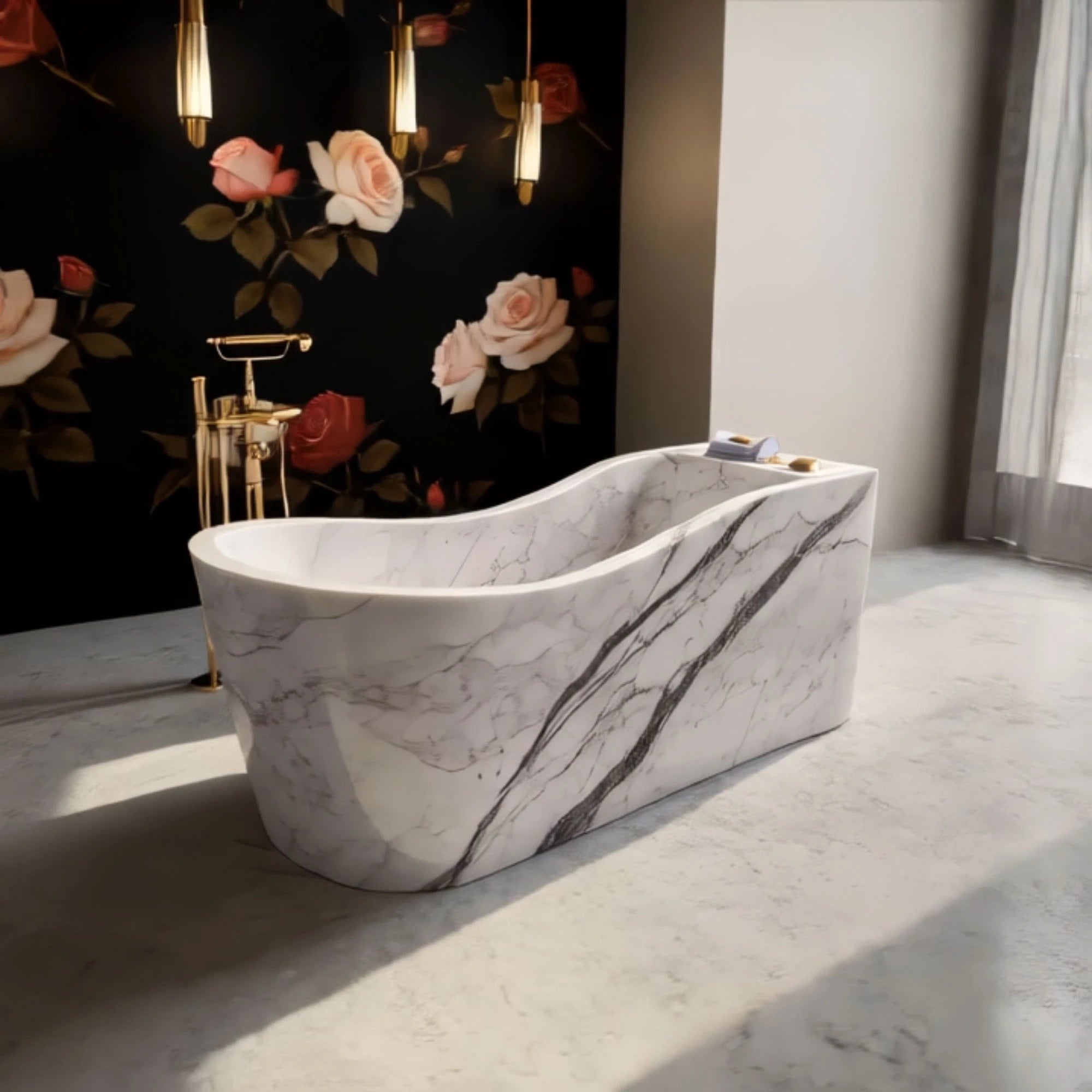 This image presents a white marble bathtub with prominent dark veins, crafted to add elegance and contrast to bathroom spaces.