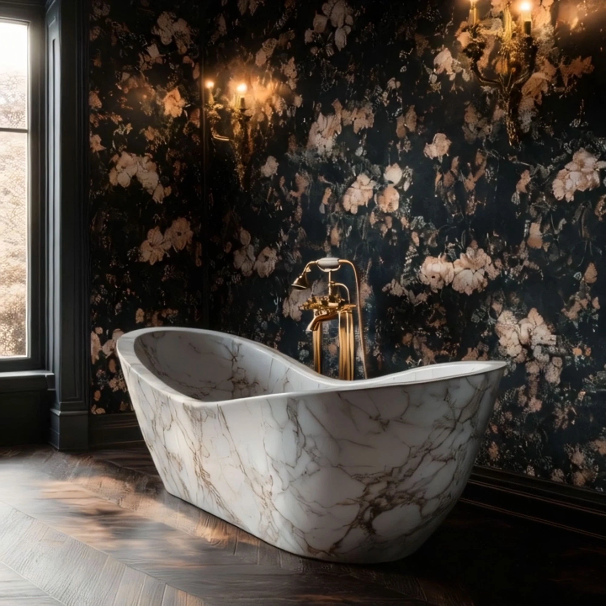 This image presents a white marble bathtub with golden veining, blending timeless natural stone beauty with contemporary bathroom style.