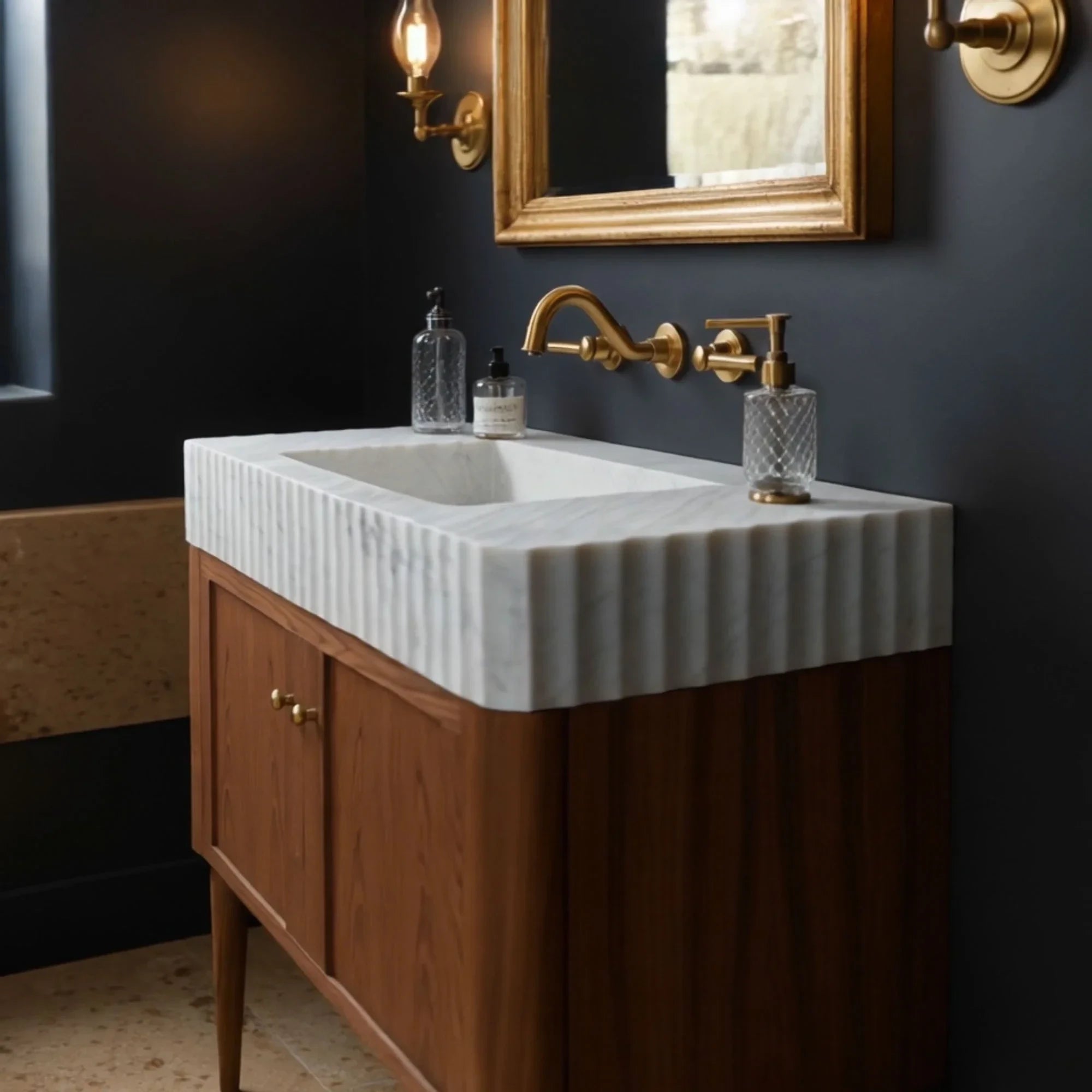 white marble ribbed apron sink console